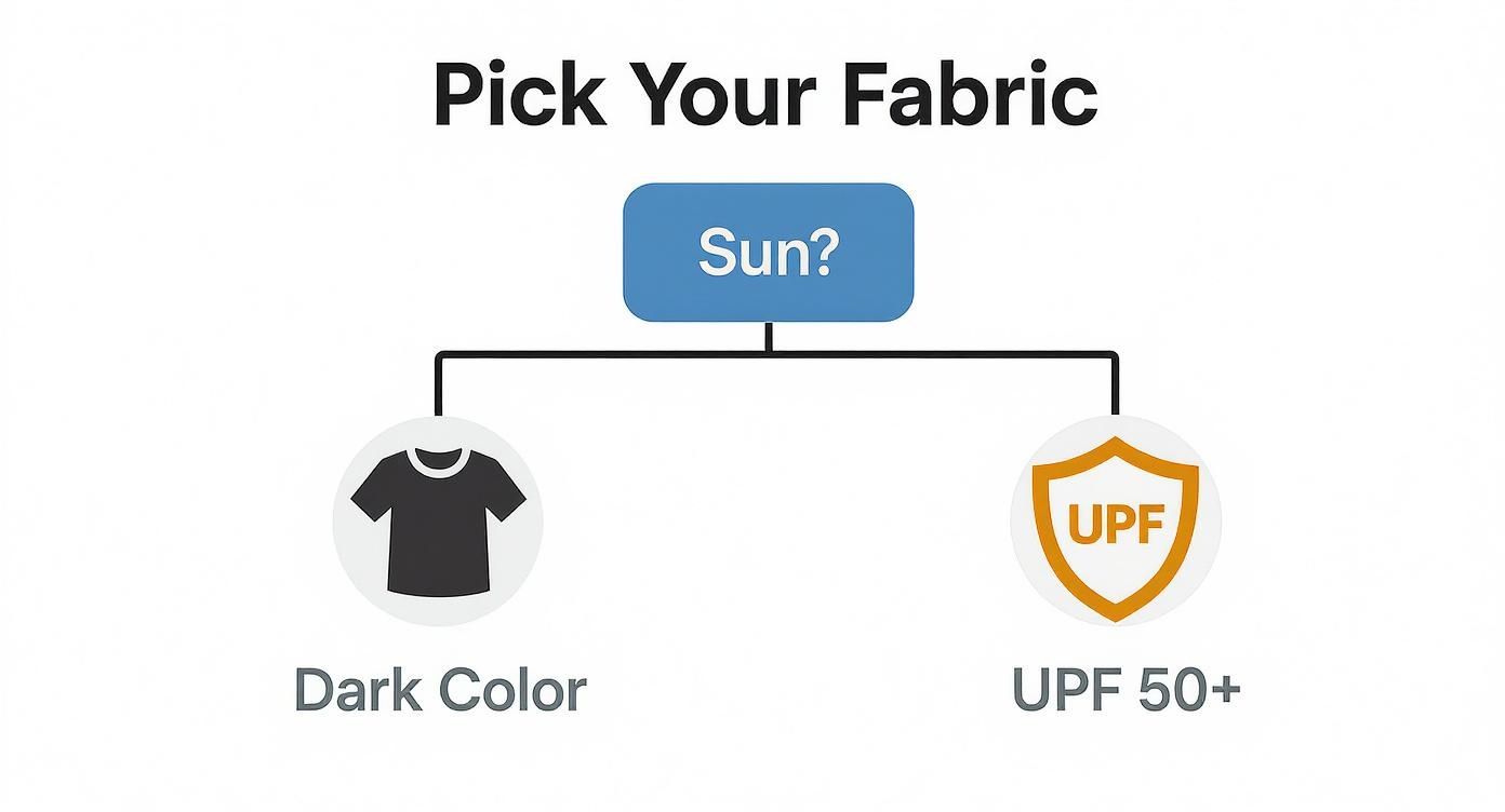 A decision tree infographic helping golfers choose between dark-colored fabric or UPF 50+ rated fabric for sun protection.