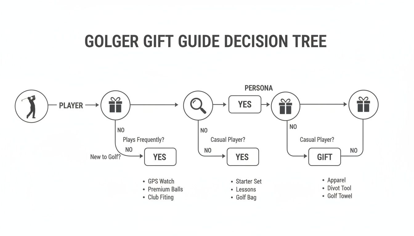 A decision tree guiding gift choices for golfers based on playing frequency and newness to the sport.