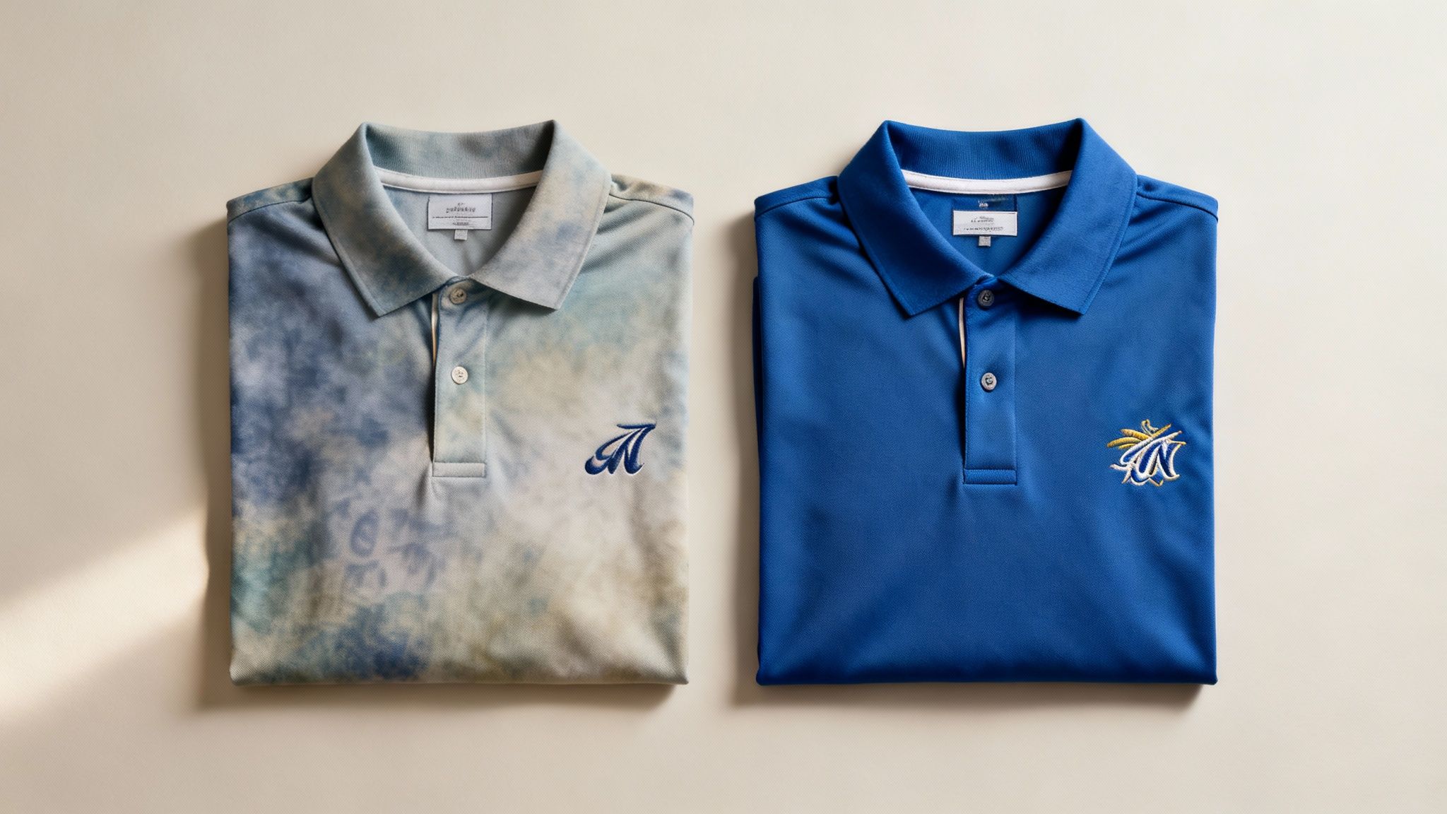 A close-up of a poorly embroidered logo on a custom golf shirt, showing frayed threads