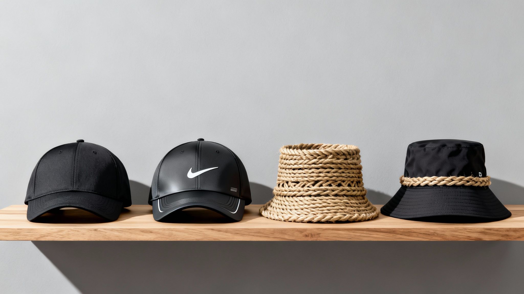 Collection of stylish headwear: two black baseball caps, a natural woven hat, and a black rope-banded bucket hat.