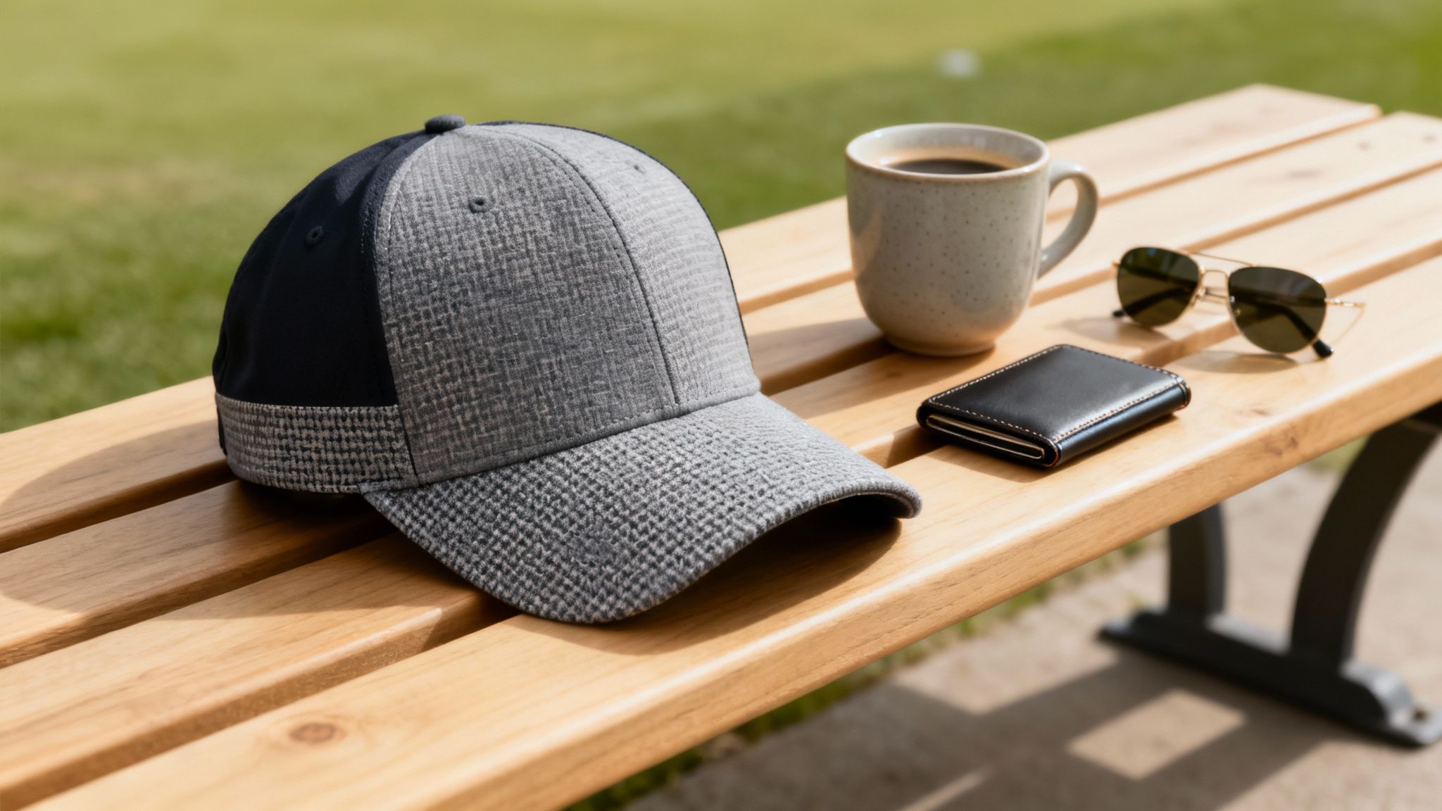 A stylish grey plaid baseball cap, coffee, sunglasses, and a wallet resting on a wooden bench outdoors.