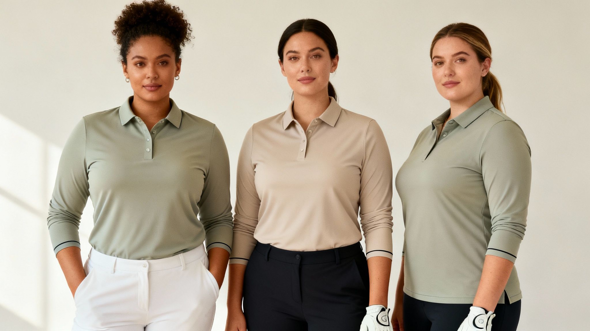 Three diverse women wearing long-sleeved golf polo shirts and pants, looking at the camera.