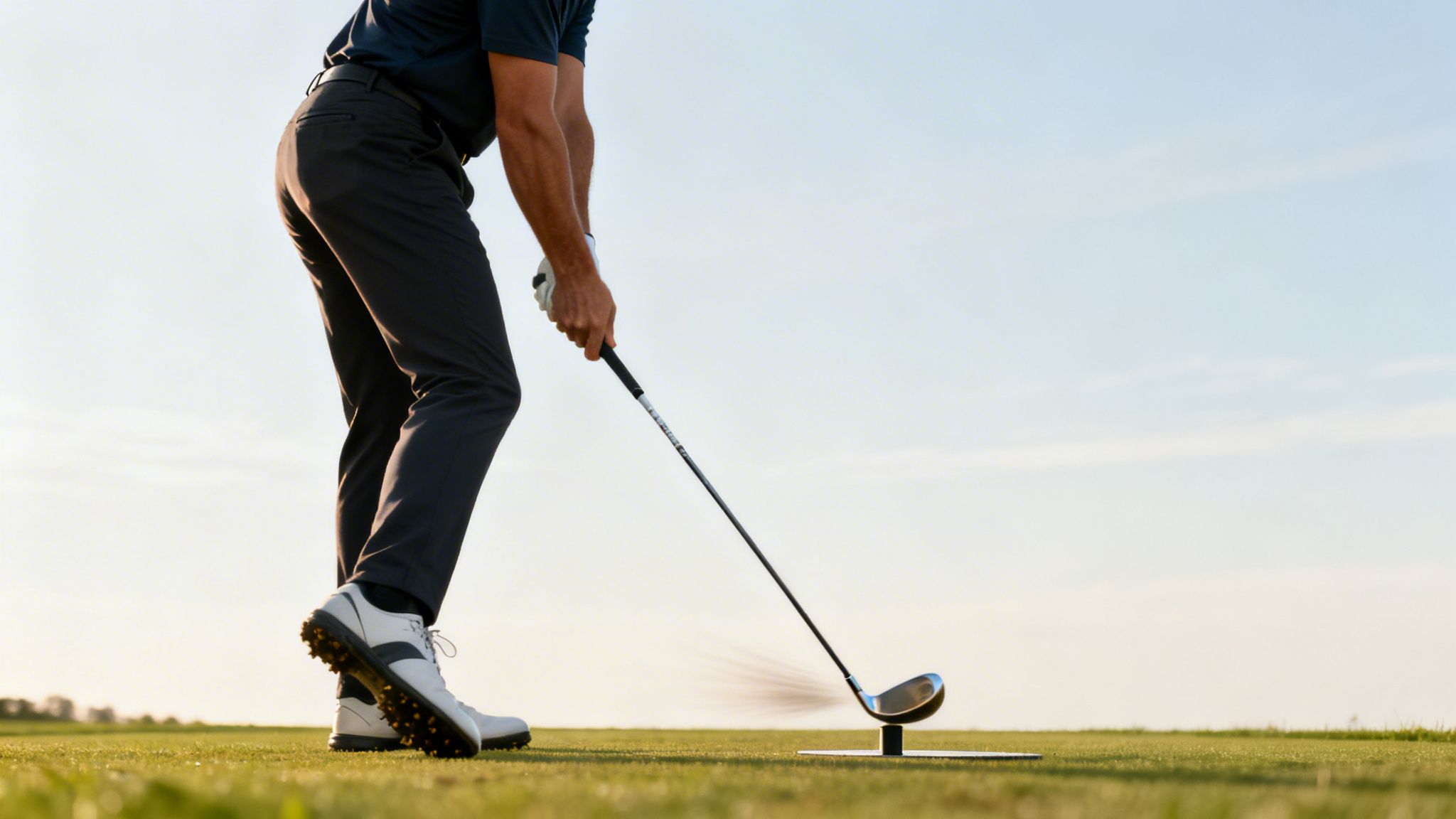 A male golfer in dark attire stands ready, addressing a golf ball on a tee with his club.