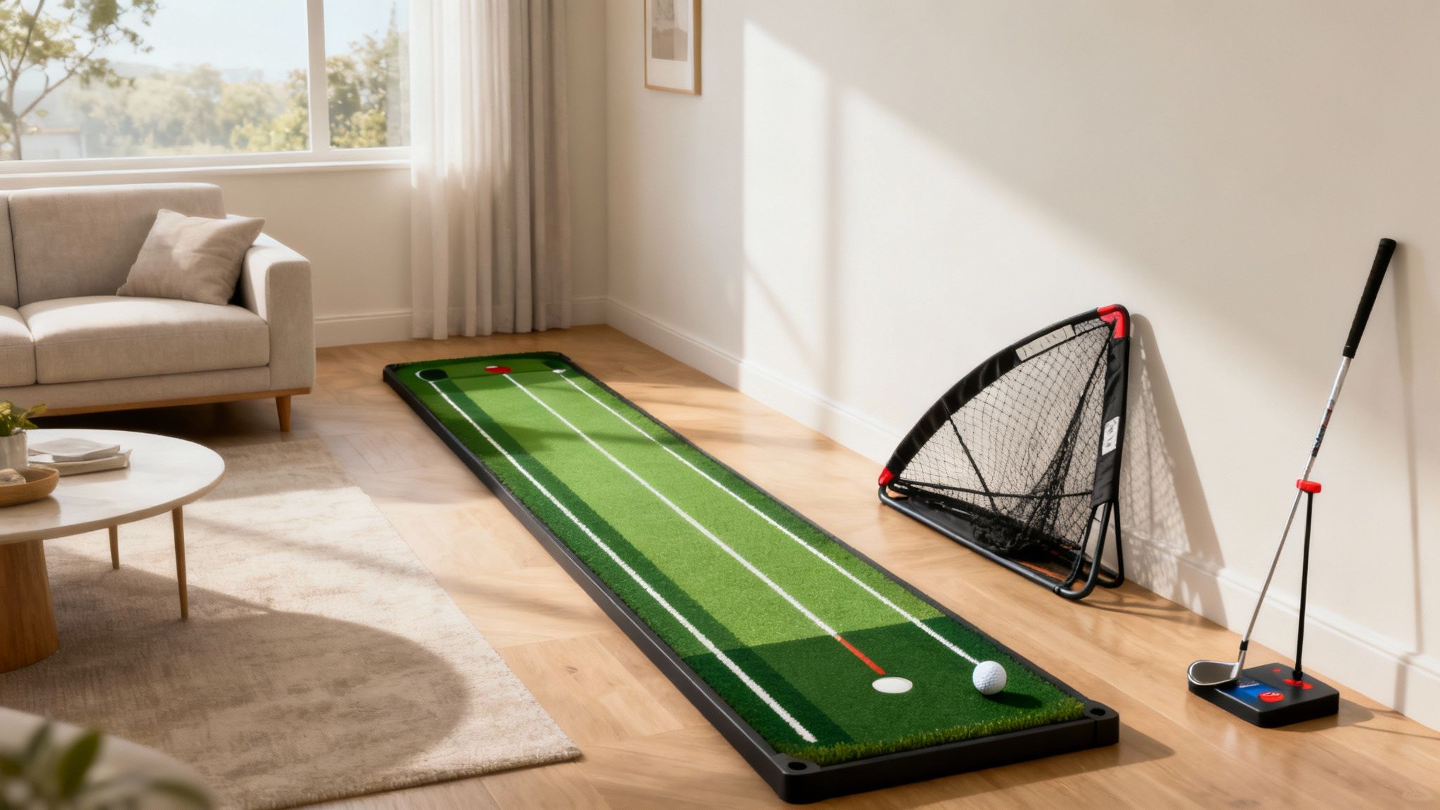 Golfer practicing putting indoors on a mat