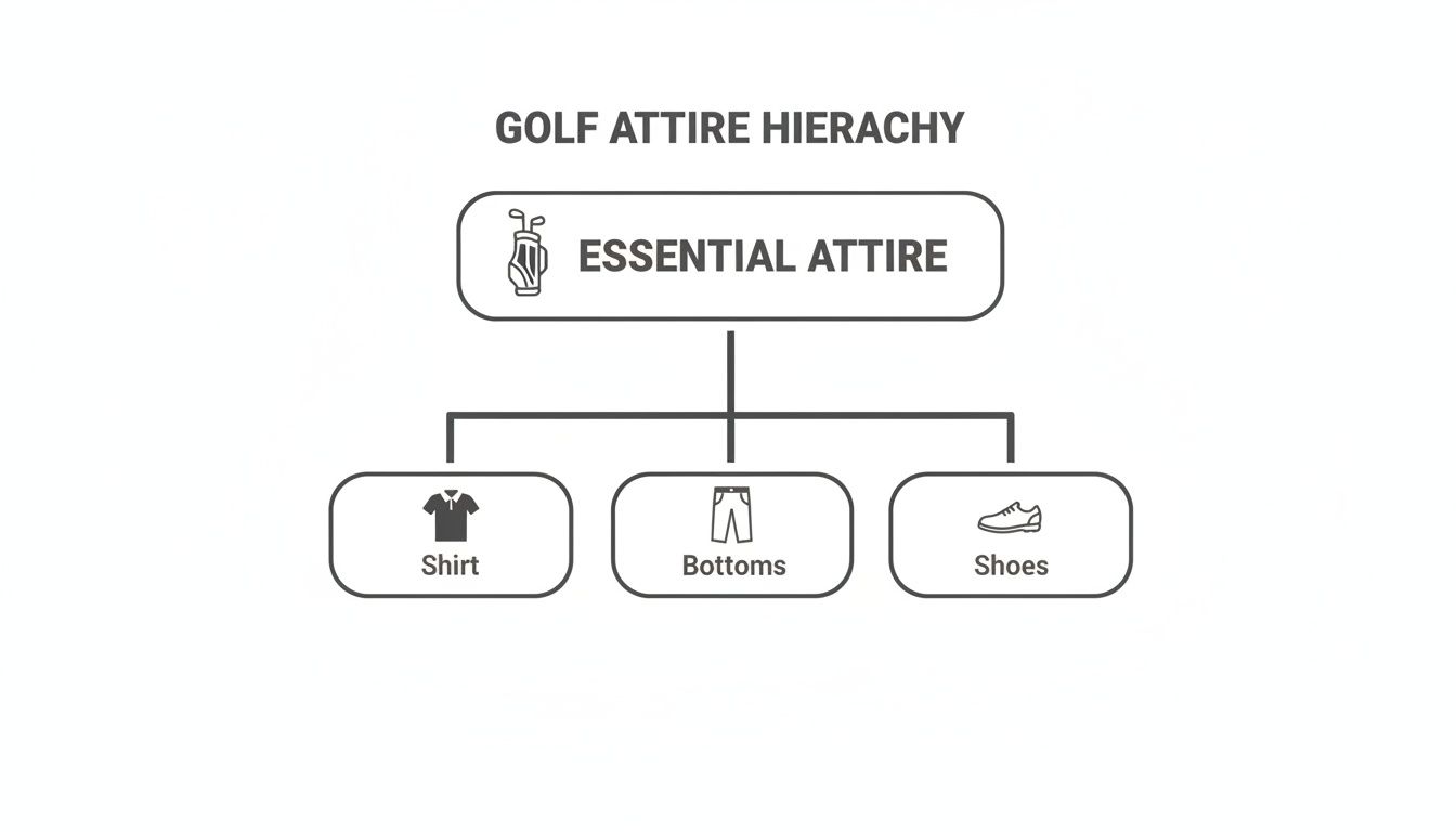 A hierarchy diagram illustrating essential golf attire, including a shirt, bottoms, and shoes.
