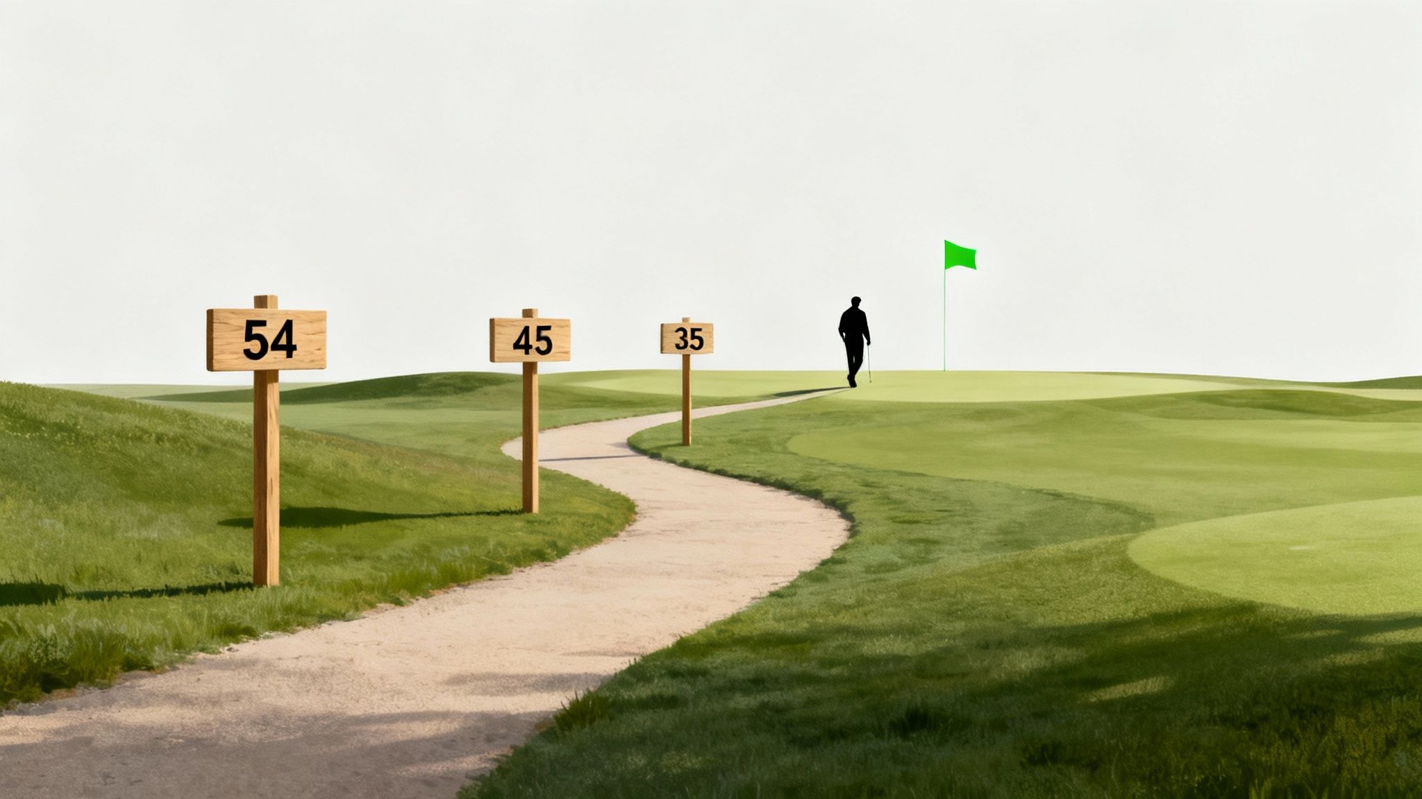 A golfer walks along a path on a golf course with distance markers and a green flag.