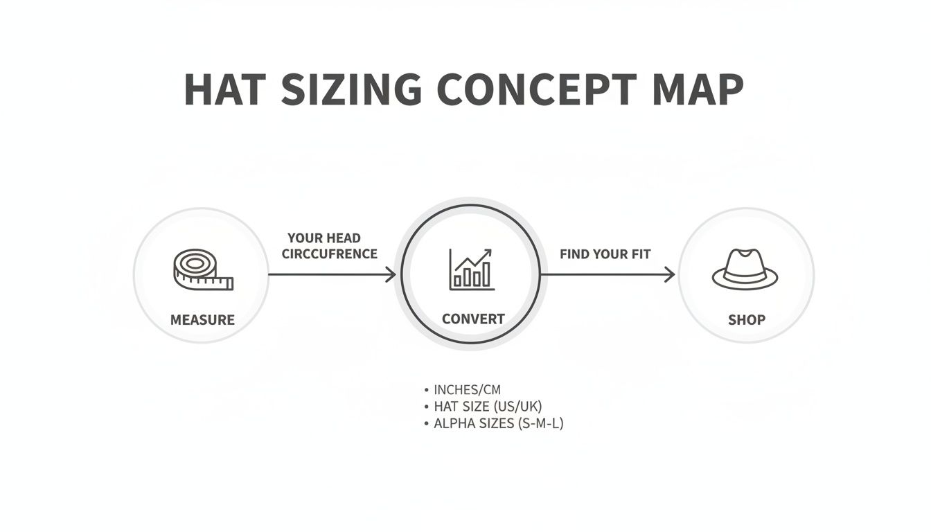 A concept map illustrating the hat sizing process from measuring head circumference to converting sizes and shopping.
