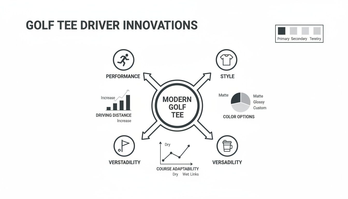 Infographic detailing modern golf tee innovations across performance, style, and versatility.