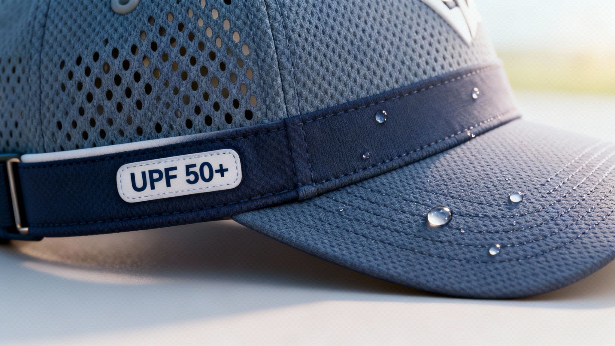 A blue baseball cap with water droplets and a prominent UPF 50+ label, indicating sun protection.