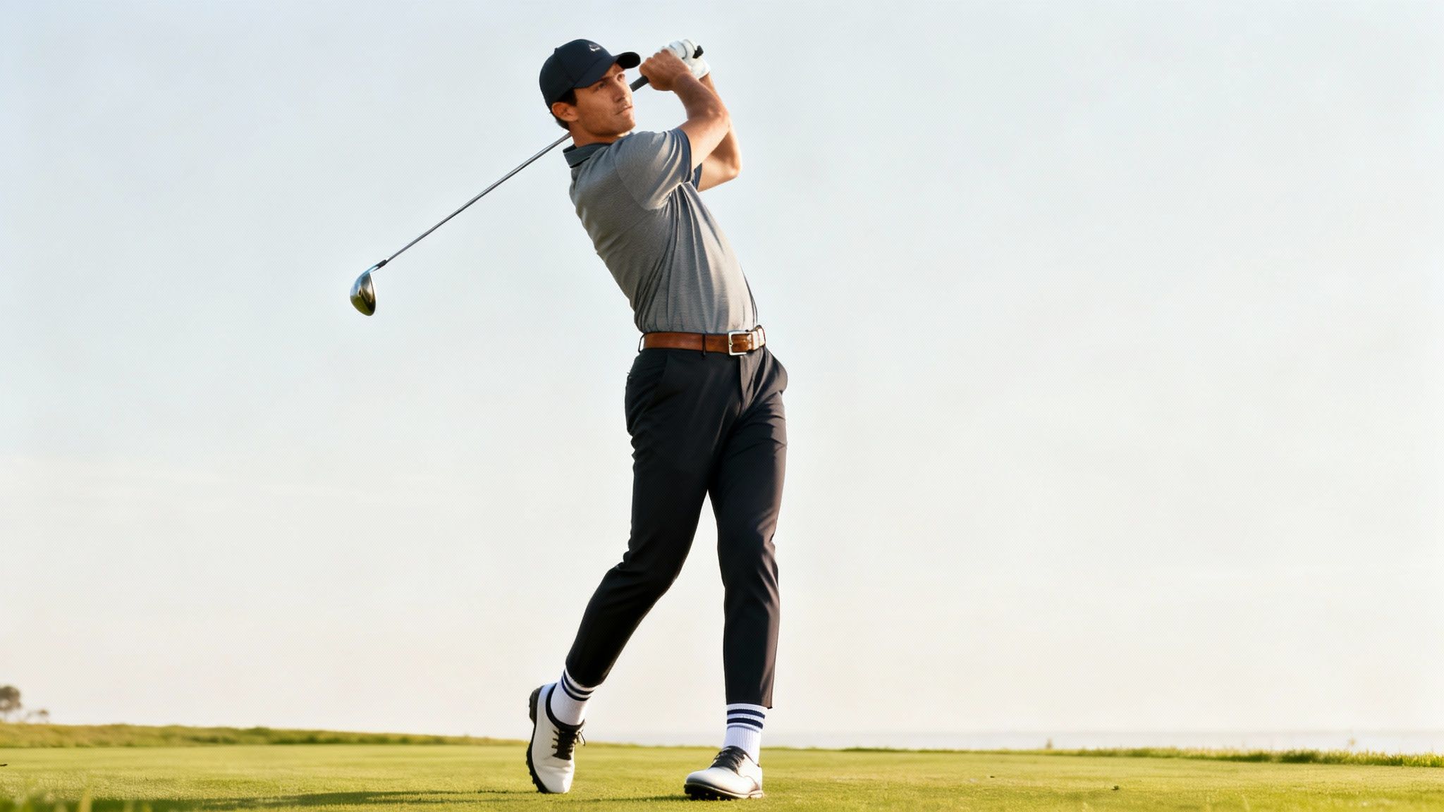 A male golfer in full, proper golf attire, including a collared shirt, tailored shorts, and a hat, taking a swing on a beautiful course.