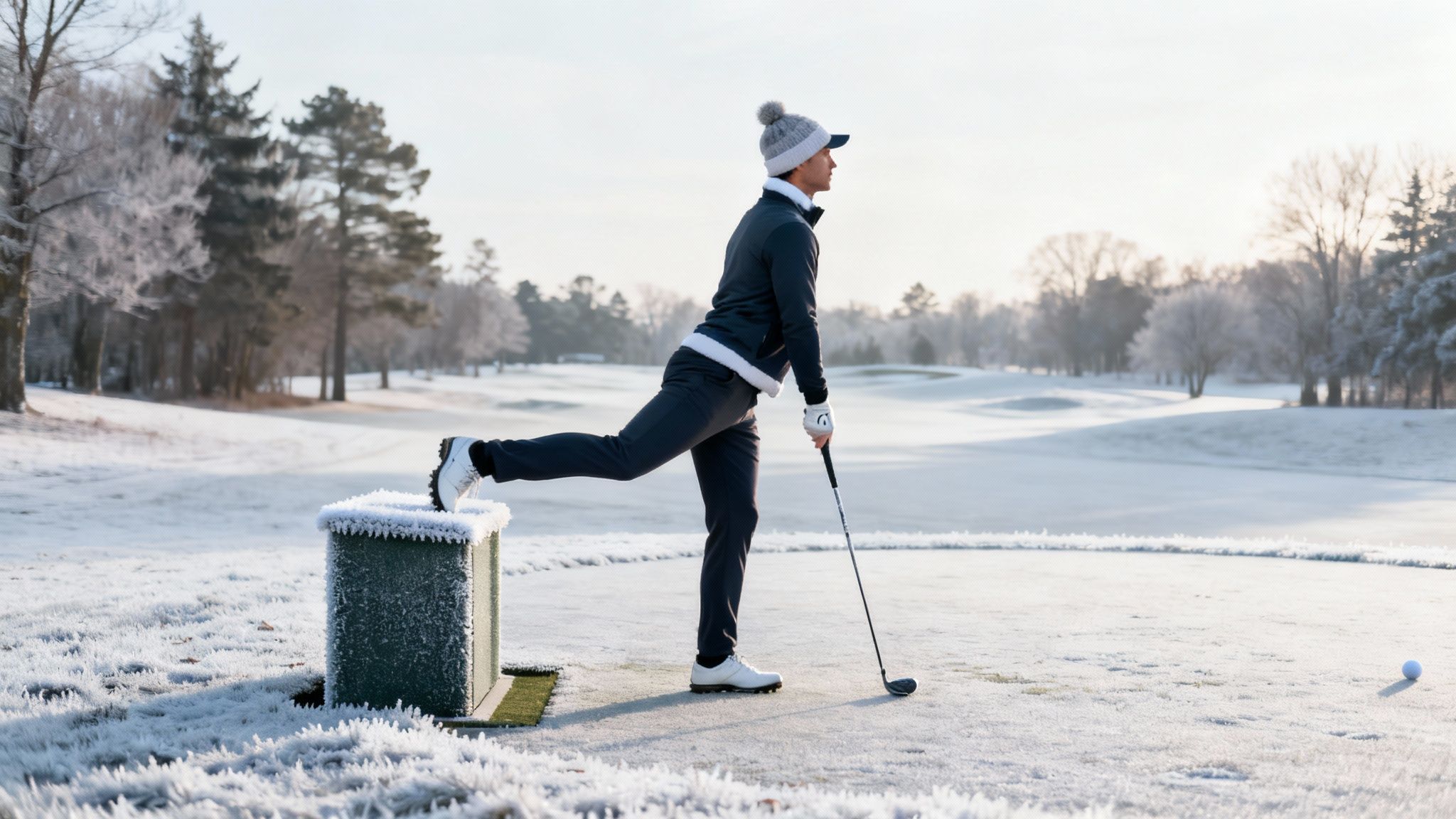 A golfer stretches on a frosty course, preparing for a round of winter golf.