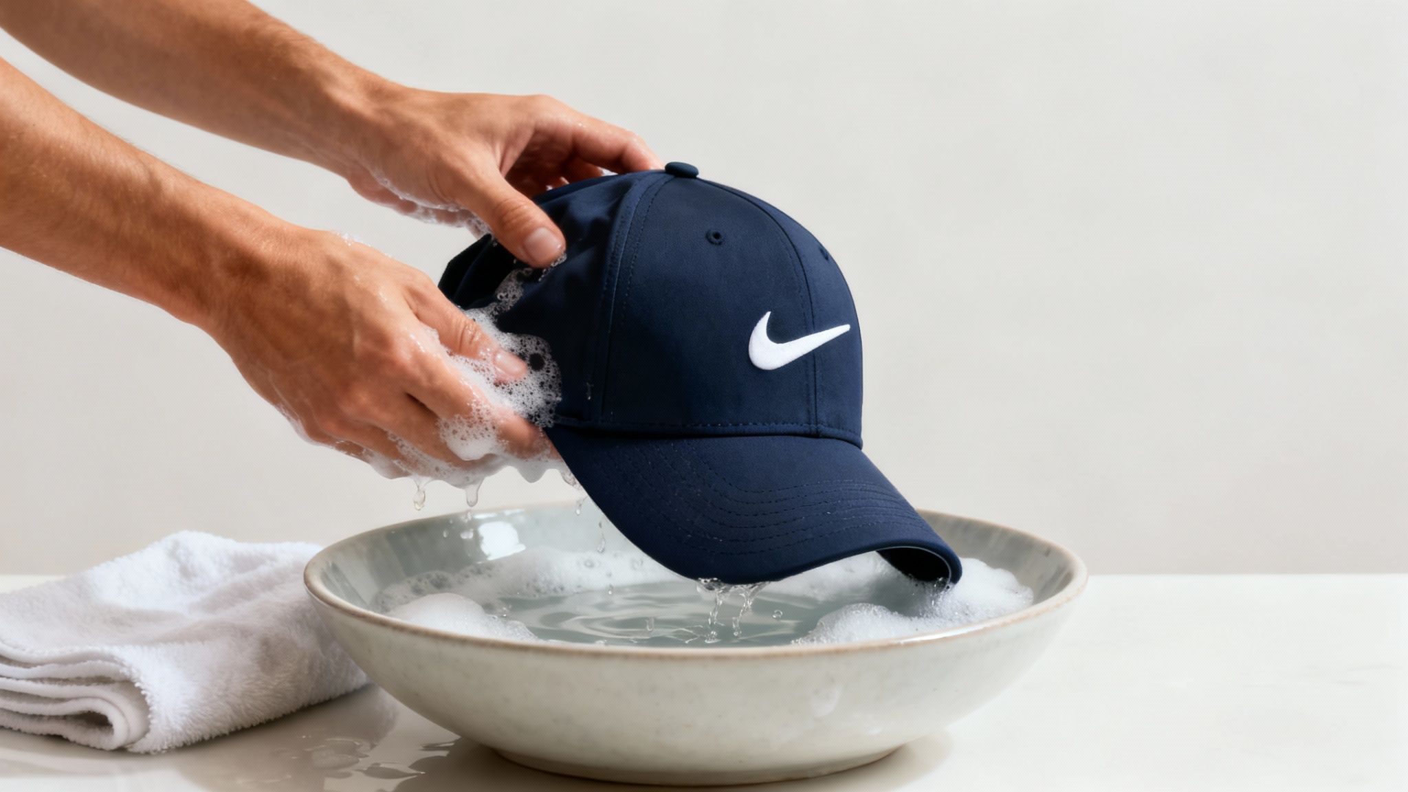Person hand washing navy blue Nike baseball cap in soapy water bowl