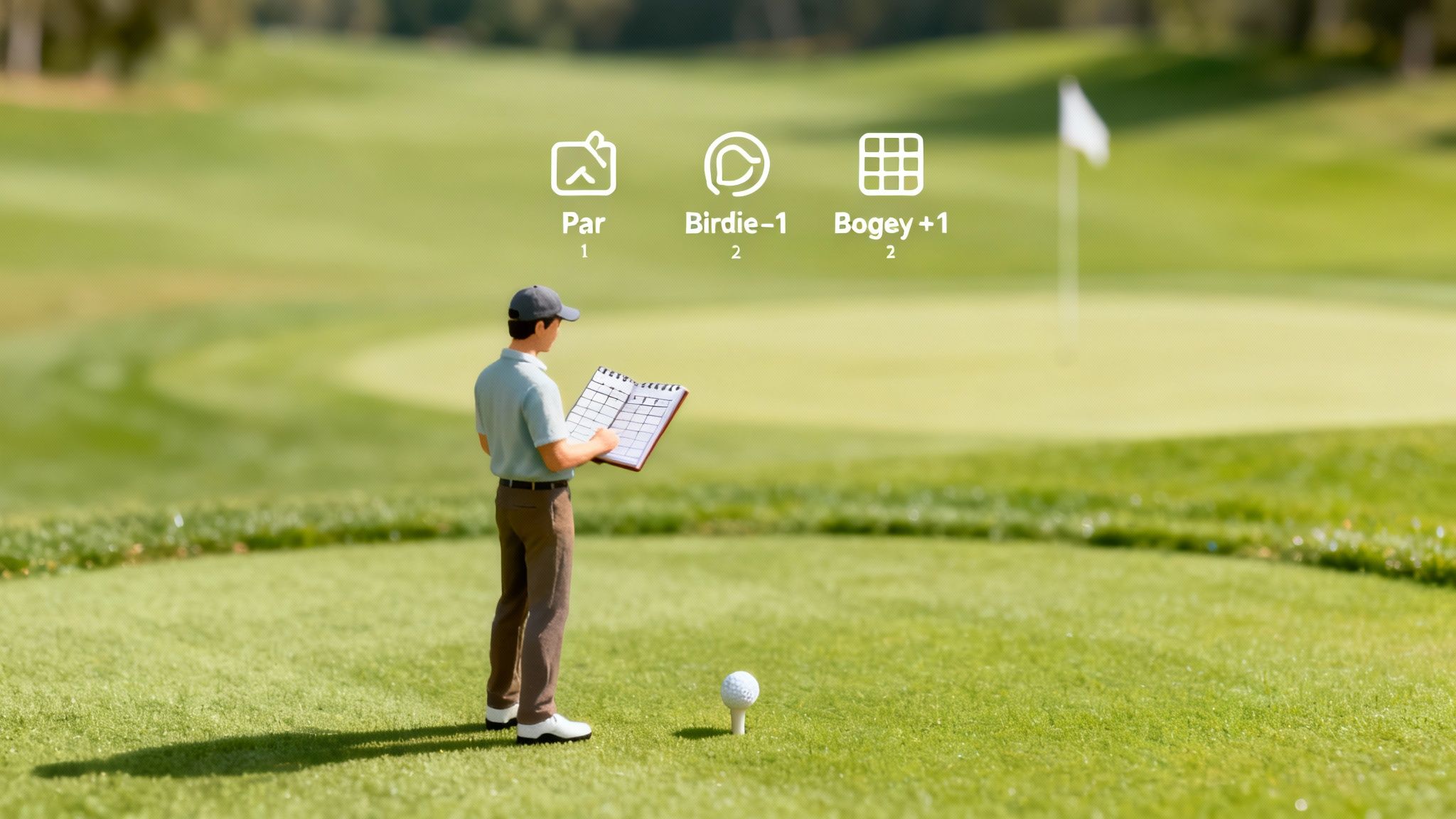 A miniature golfer stands on a tee, reviewing a scorecard with golf scoring options displayed above.