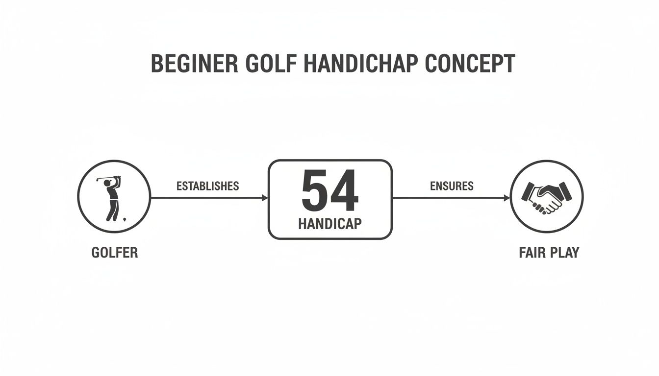 Diagram illustrating the beginner golf handicap concept where a golfer establishes a 54 handicap for fair play.
