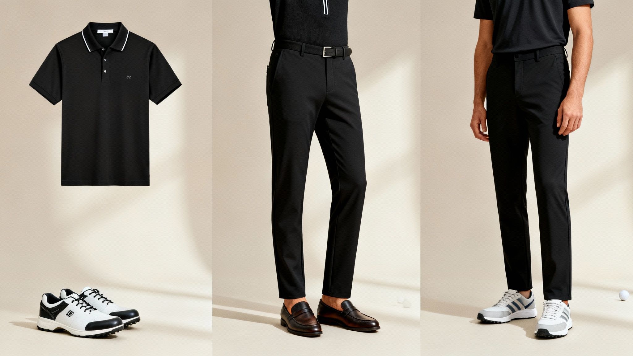A collection of men's black golf apparel: polo shirts, trousers, and golf shoes.