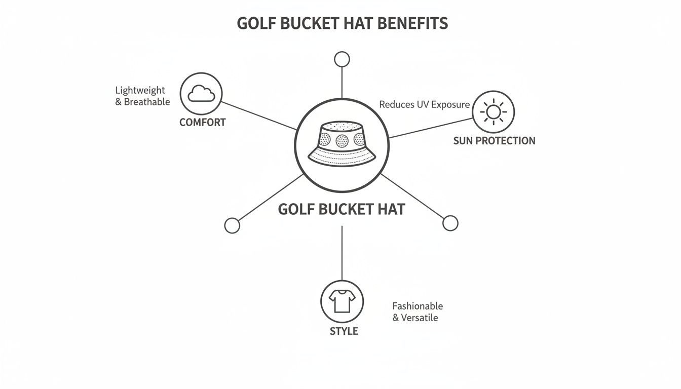 Infographic showing golf bucket hat benefits like comfort, sun protection, and style.