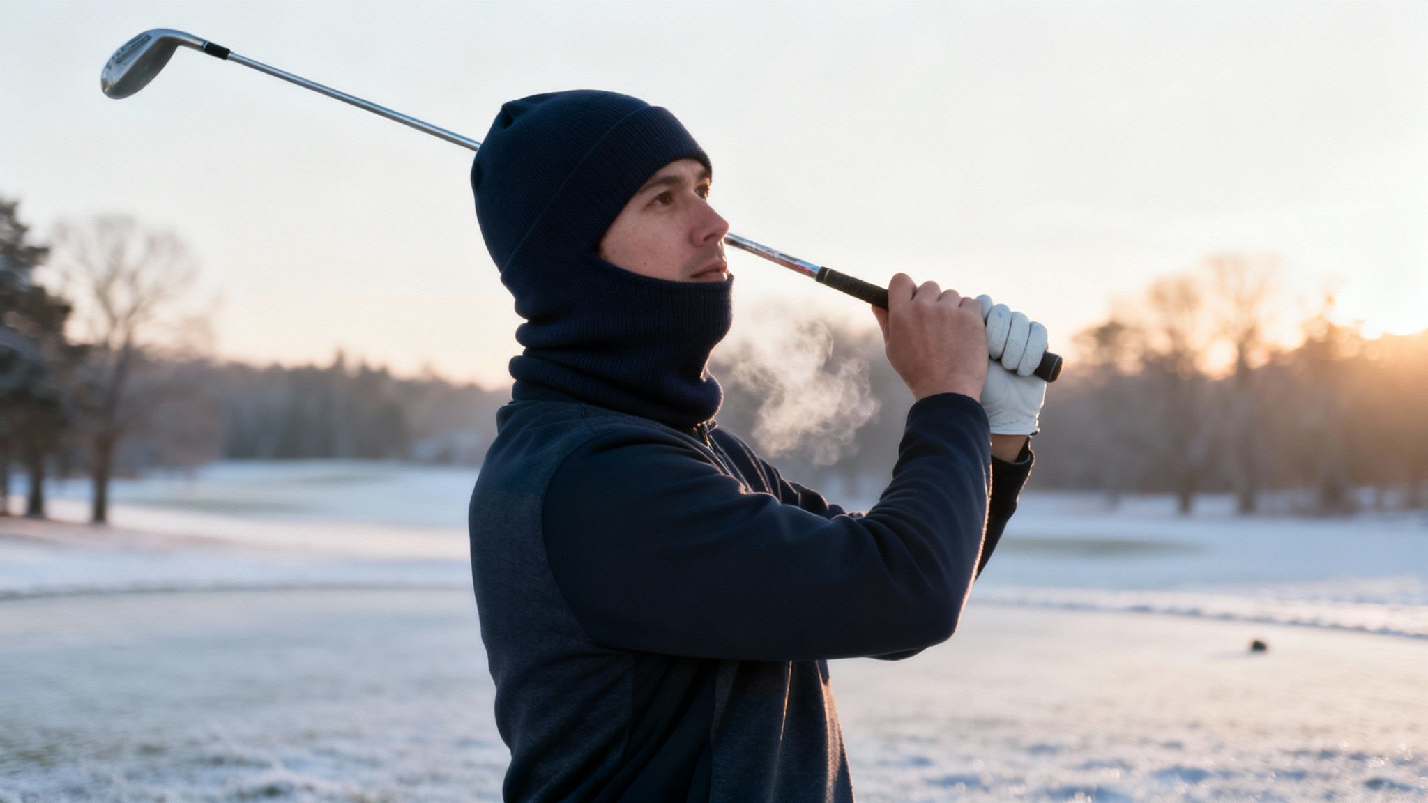 A golfer wearing a black golf winter hat on a cold day at the course.