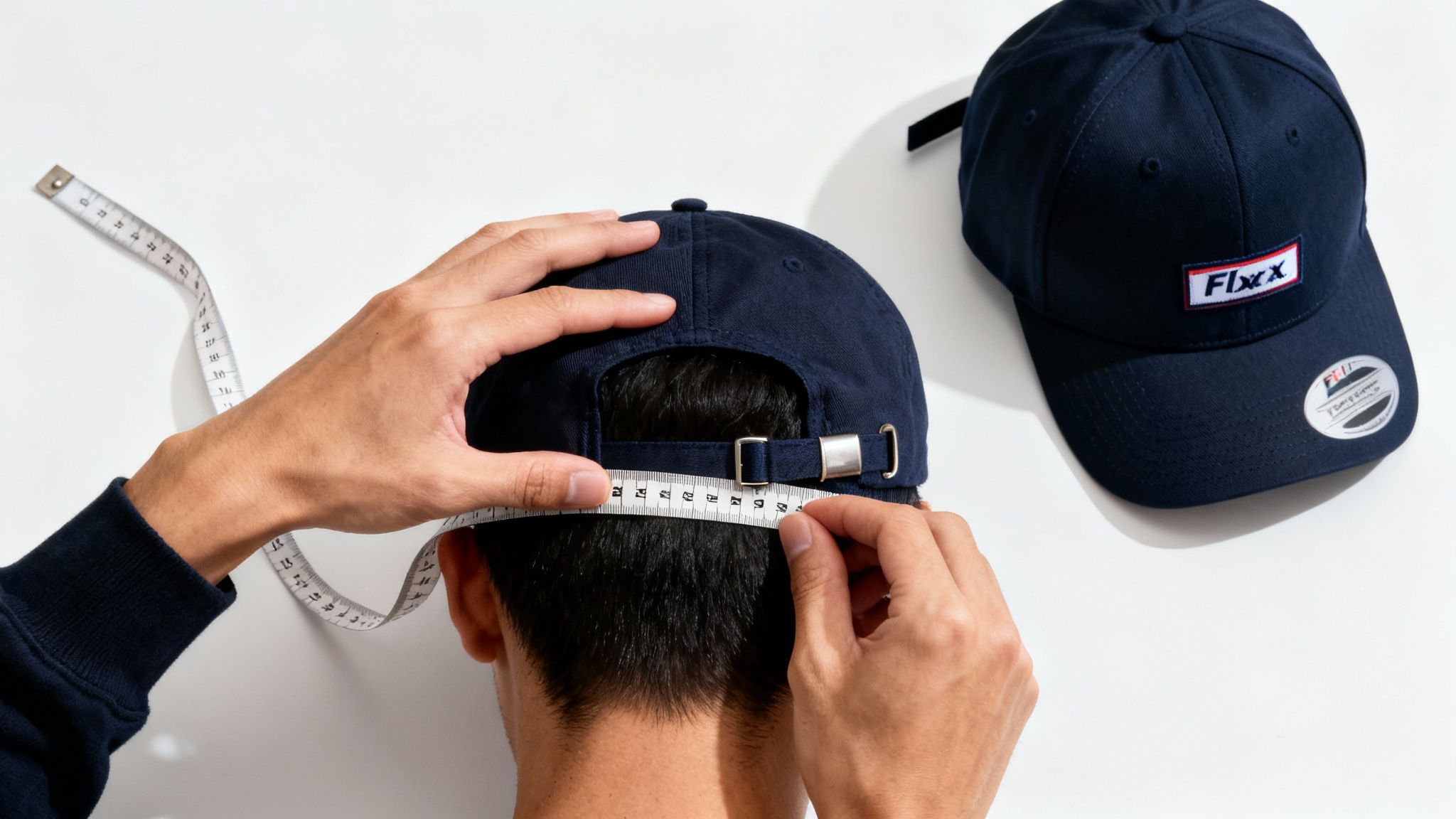 Person measuring head circumference with a tape measure, wearing a navy blue baseball cap.