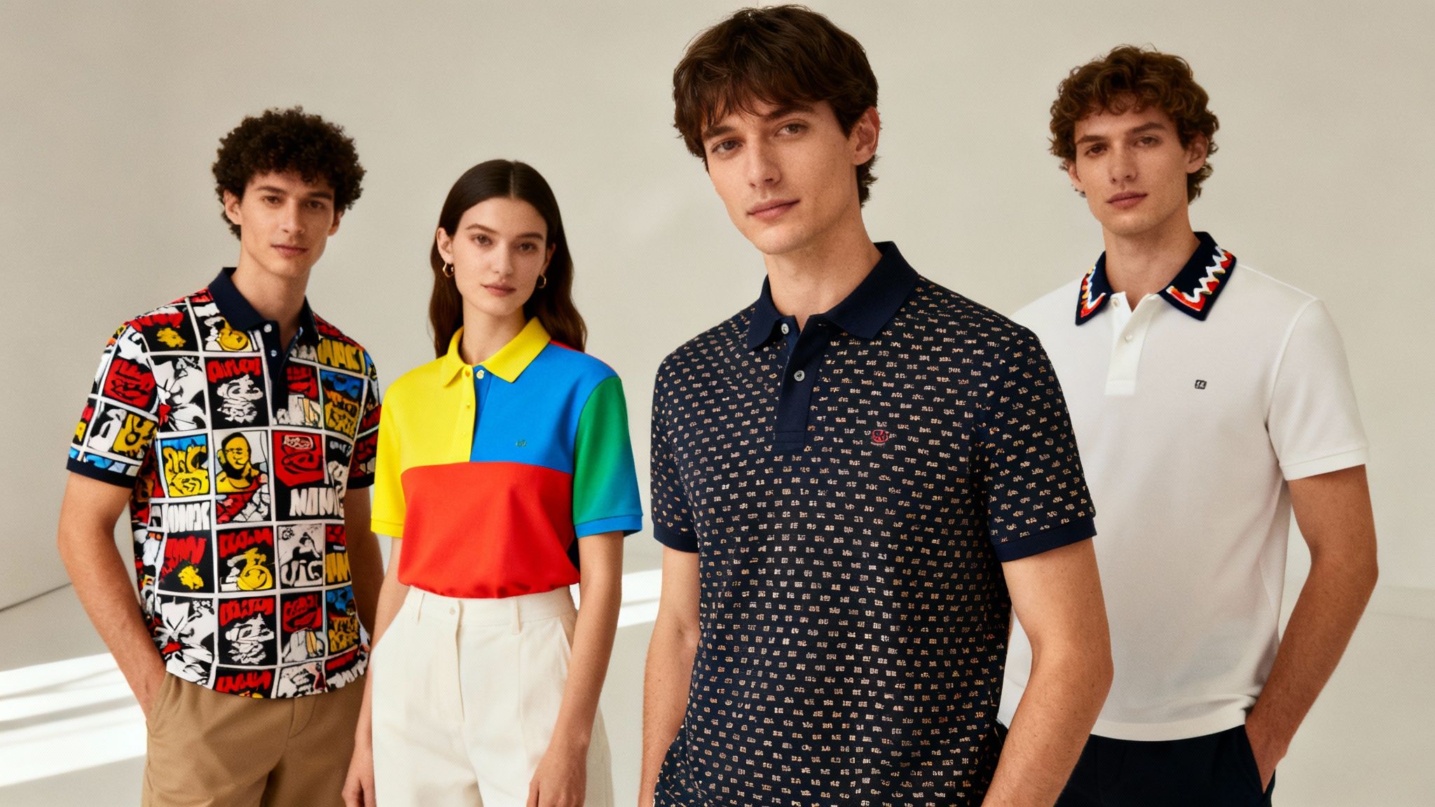 Young men and woman wearing various fashionable polo shirts, including graphic, color-block, and patterned designs.