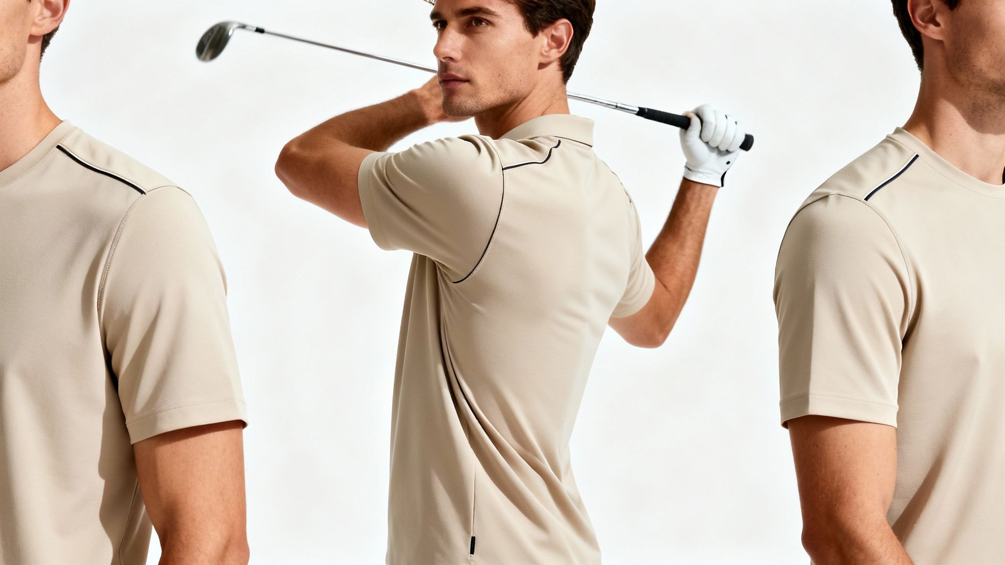 A man in a beige golf polo shirt swinging a golf club on a white background.