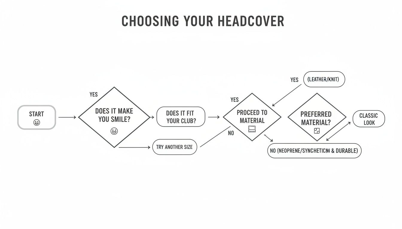 A flowchart visually guiding the selection of golf headcovers based on criteria like smile, fit, and material.