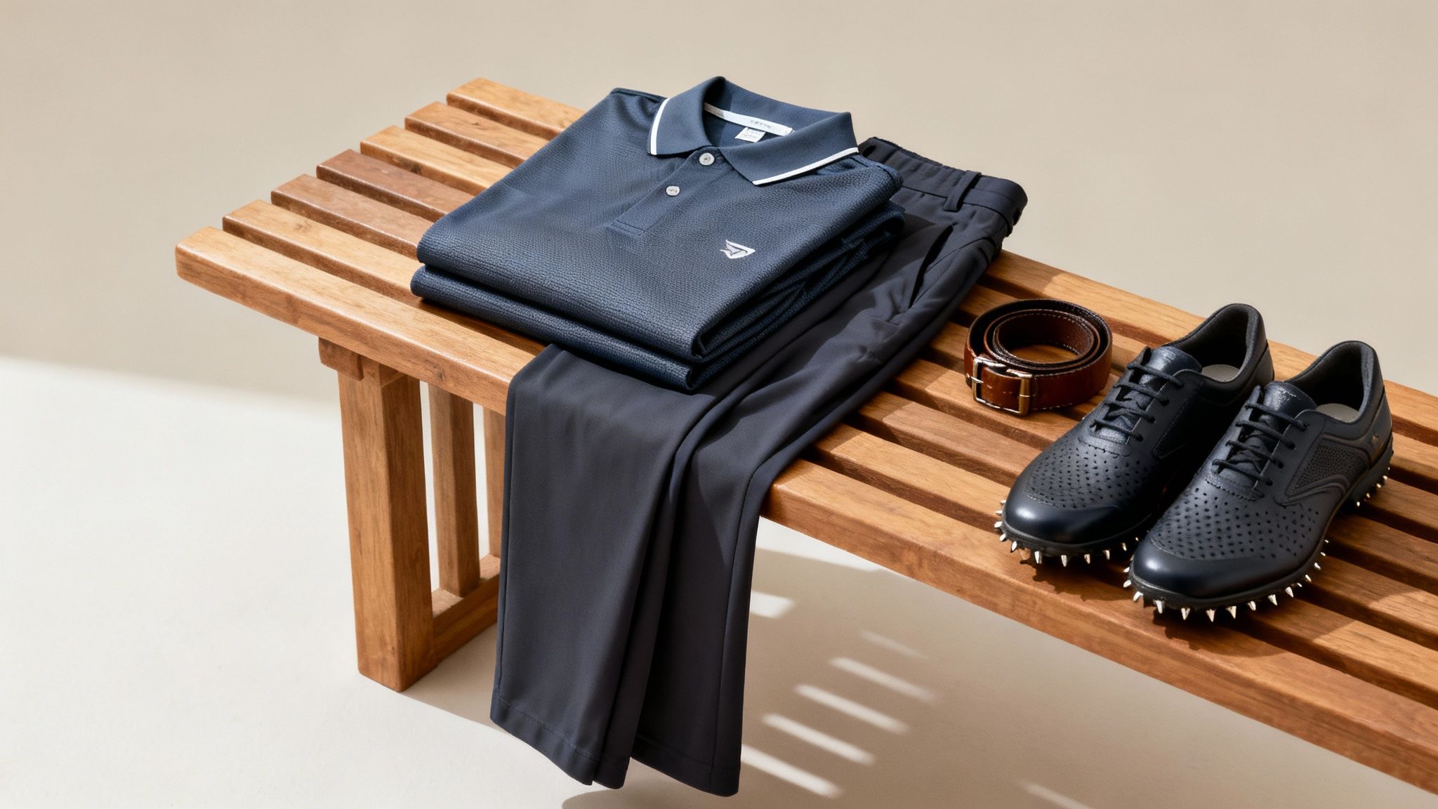 A stylish men's golf outfit, including a navy polo, pants, belt, and spiked shoes, on a wooden bench.