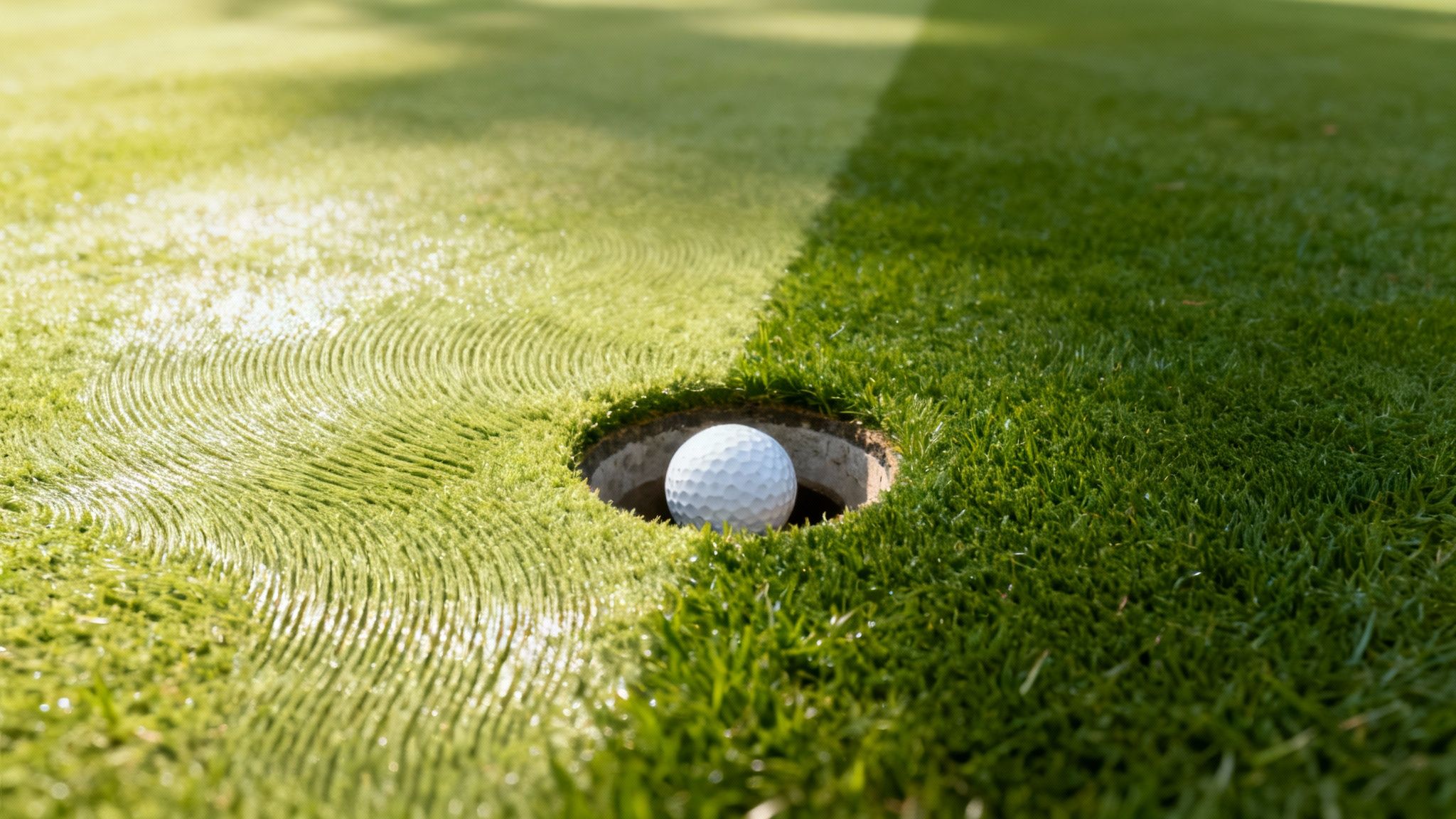 A golf ball is perfectly putted into the hole on a green with distinct textured grass.