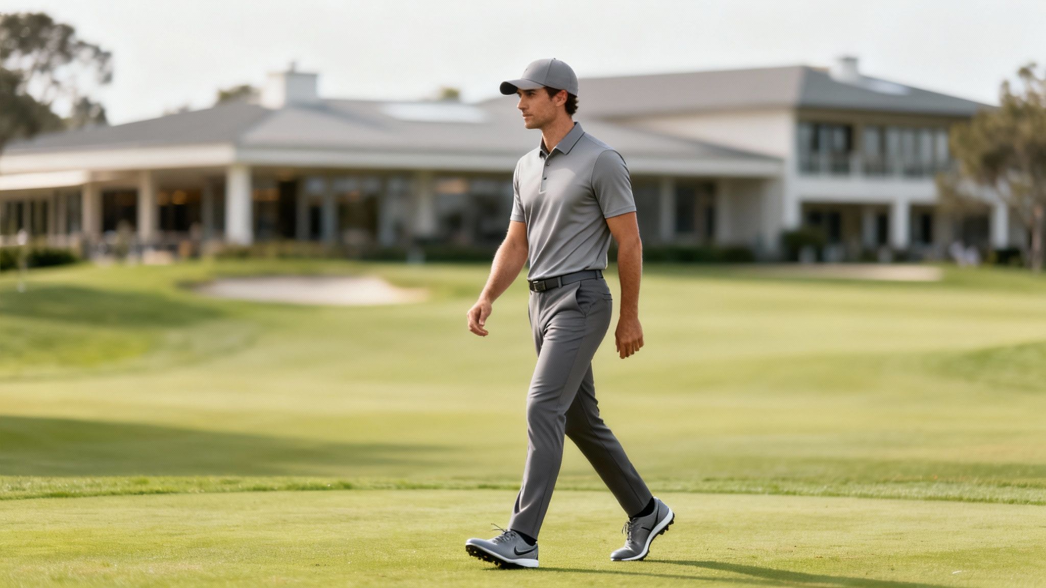 A man in a grey polo shirt, pants, hat, and golf shoes walks on a golf course.