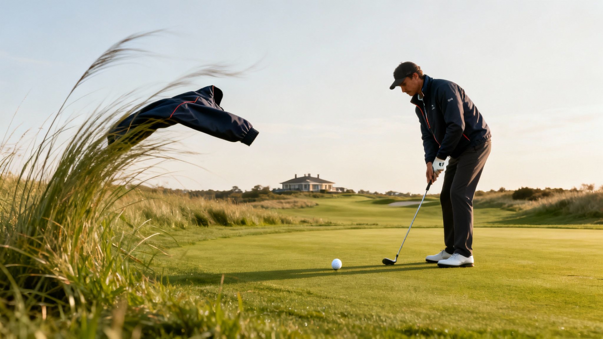 A golfer in a windbreaker prepares to putt on a windy course, with his jacket blowing.