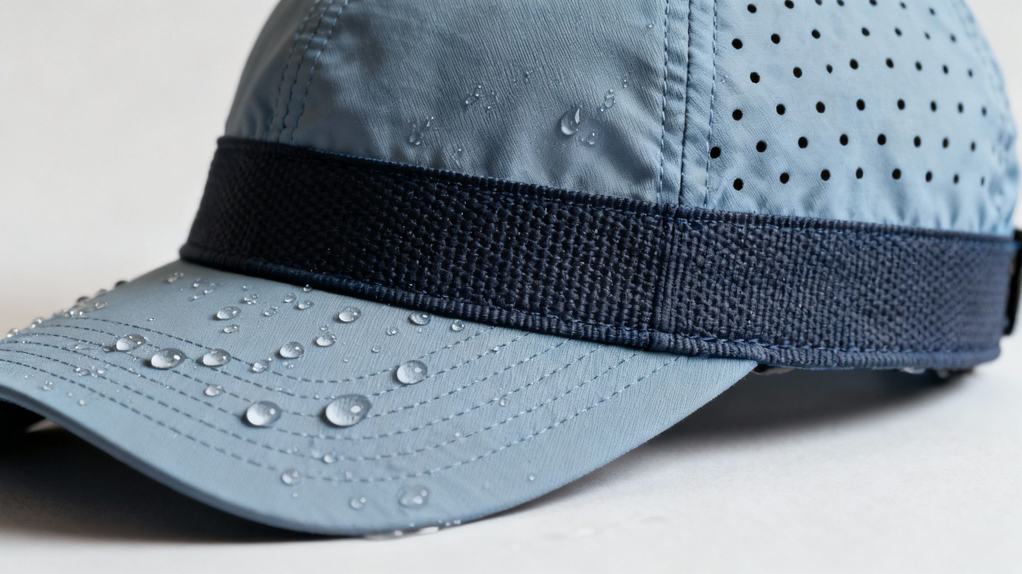 A close-up of the technical fabric on a premium golf hat, showing the weave and texture.