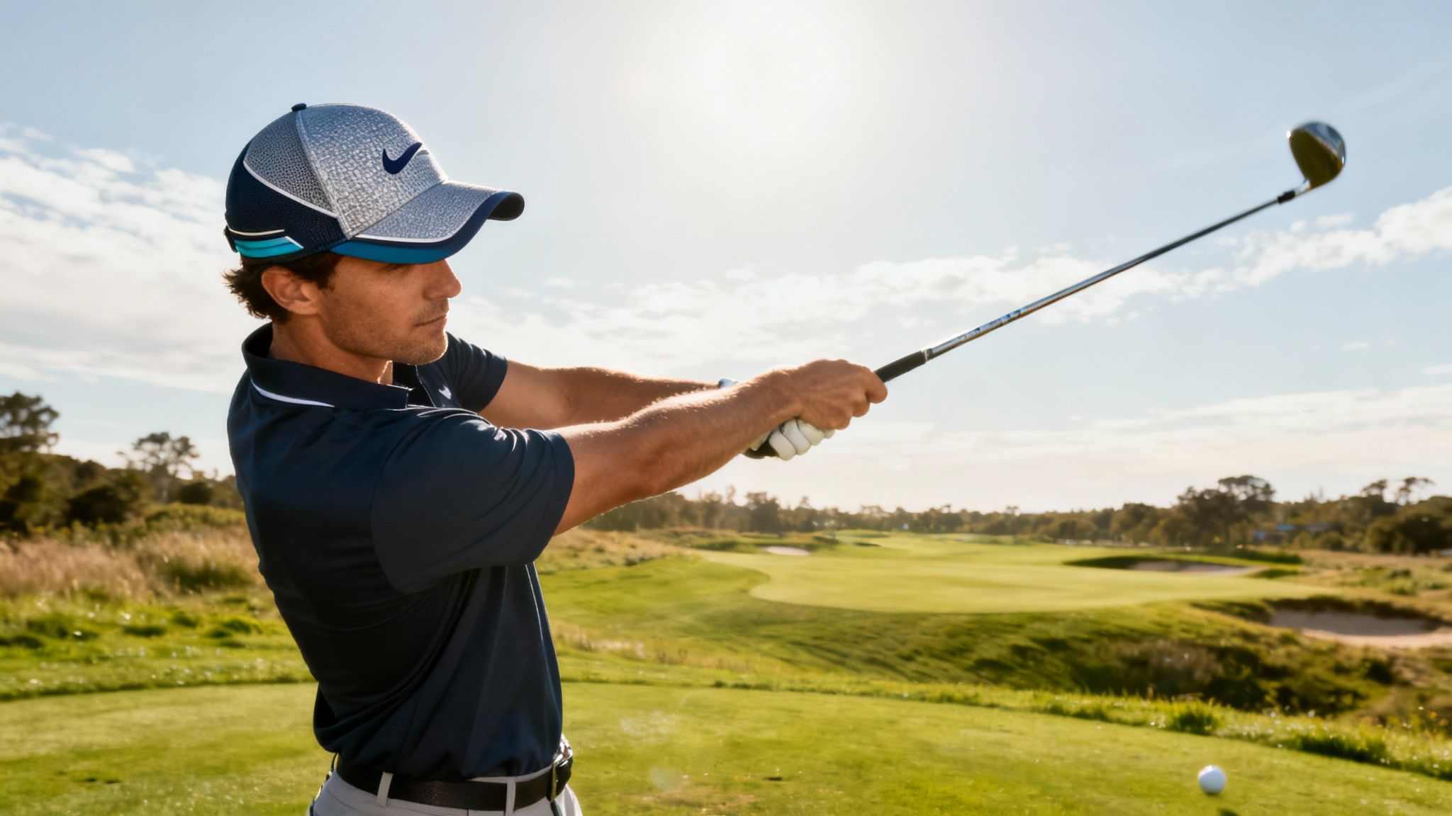 Golfer in a stylish white hat and sunglasses on a sunny golf course.