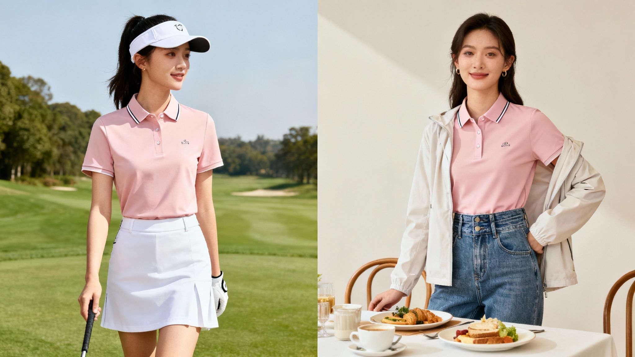 A woman showcases a pink polo shirt, styled for both a golf course and a casual cafe outing.