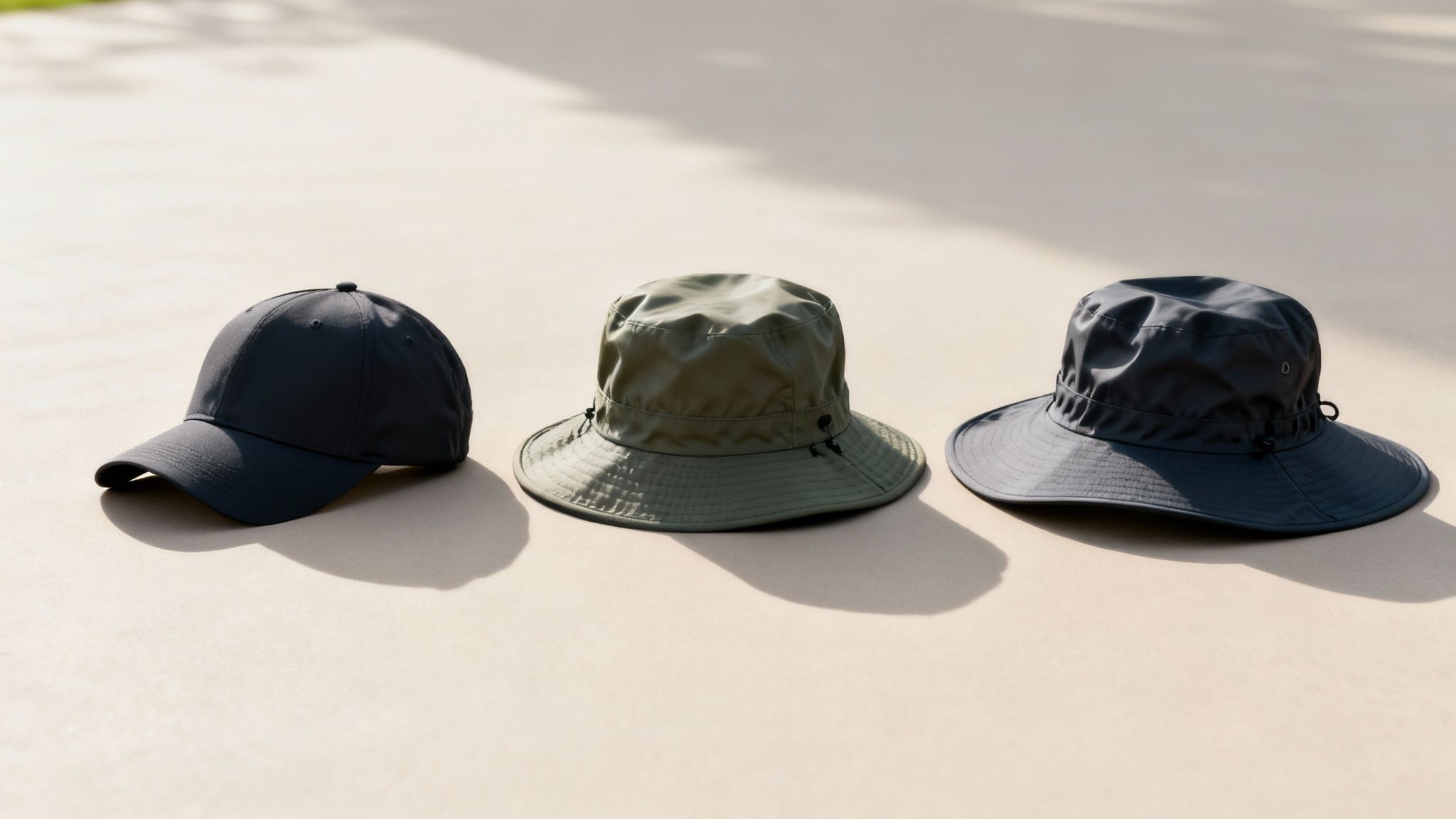A golfer in a black waterproof hat looking out over a green course.