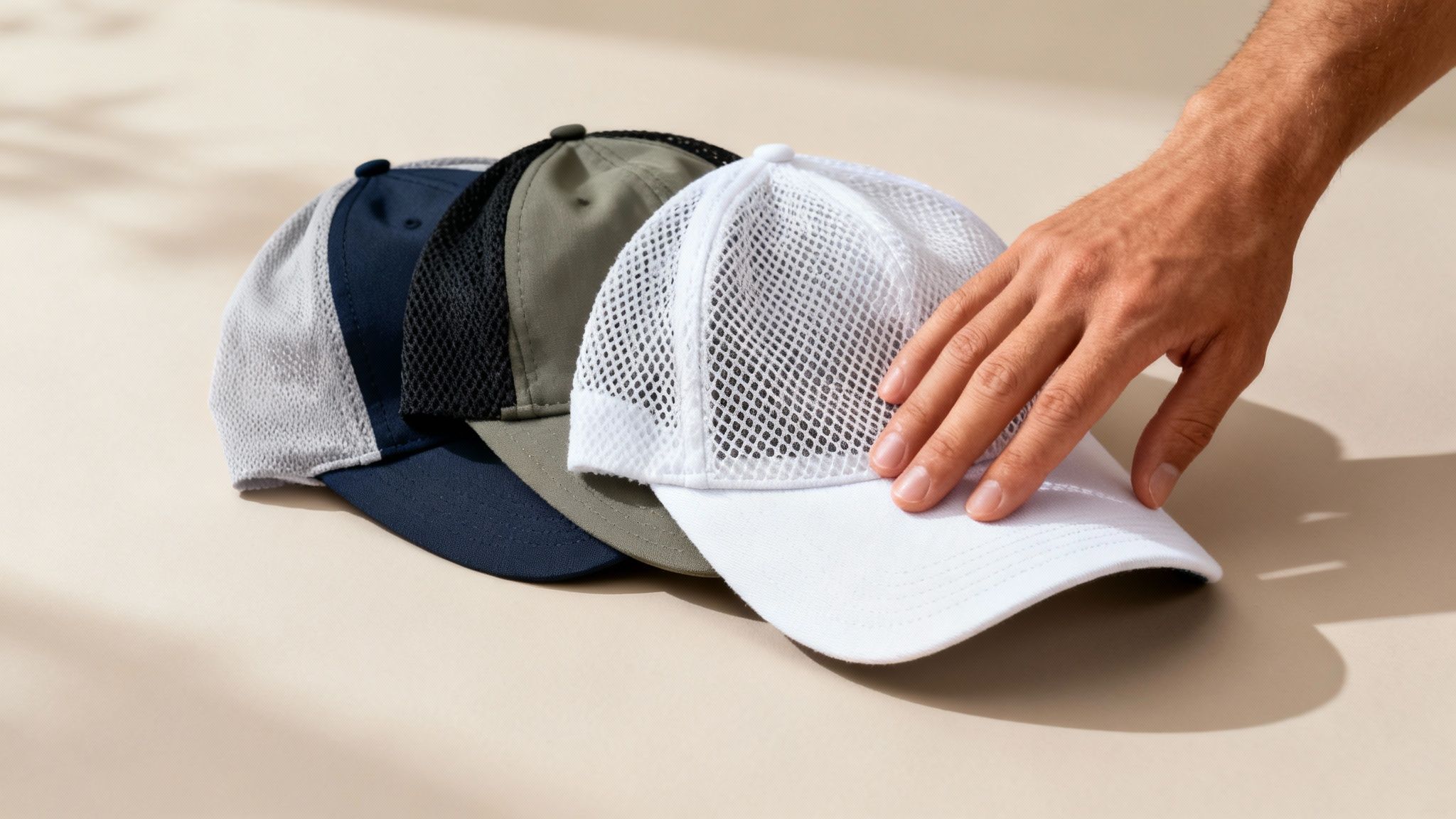 A man's hand reaches for a row of four mesh golf hats in grey, navy, olive, and white.