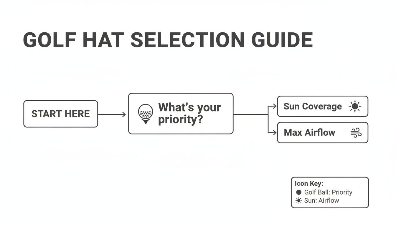 A flowchart titled 'Golf Hat Selection Guide' shows a path from 'Start Here' to 'What's your priority?', leading to options for 'Sun Coverage' or 'Max Airflow'.