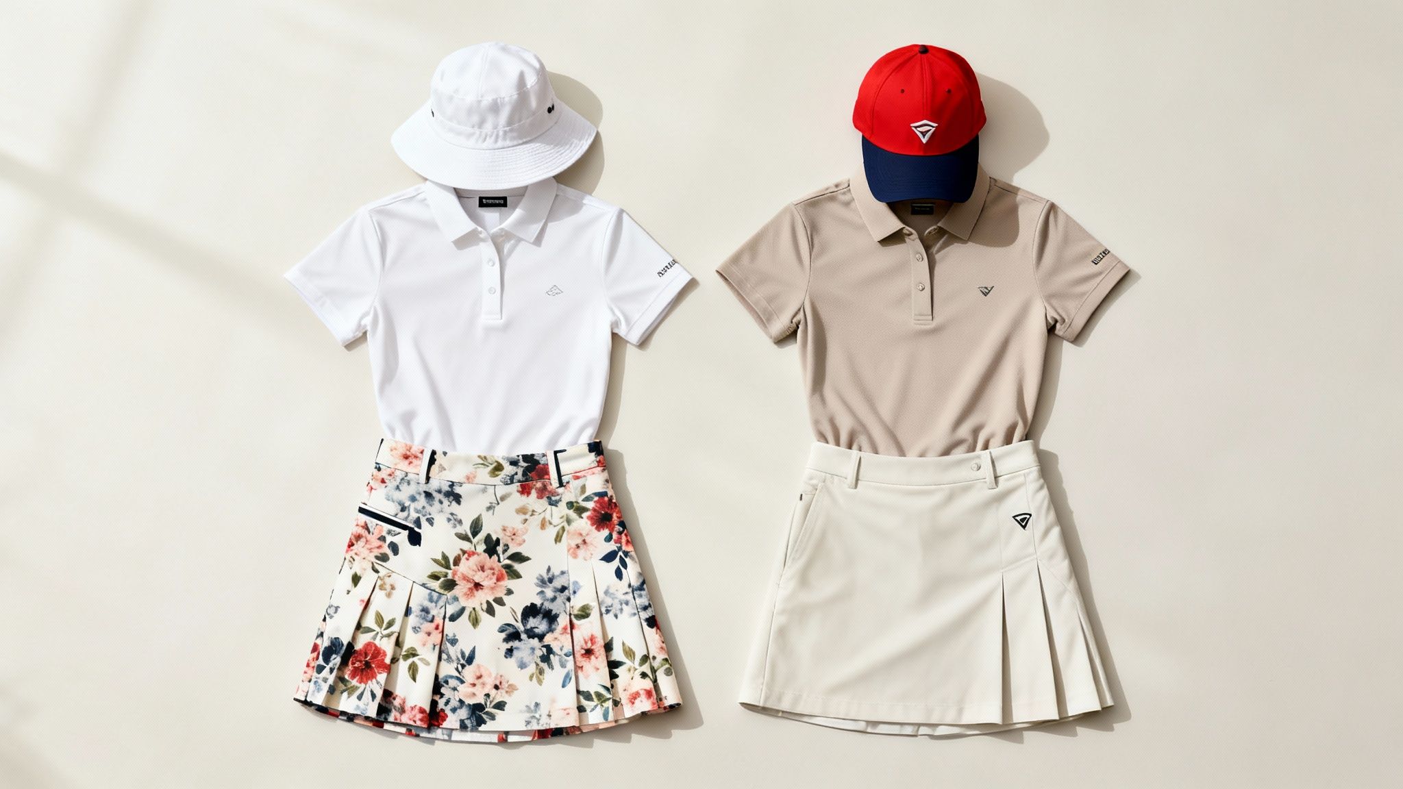 A woman wearing a white golf hat and a floral skort on the golf course.