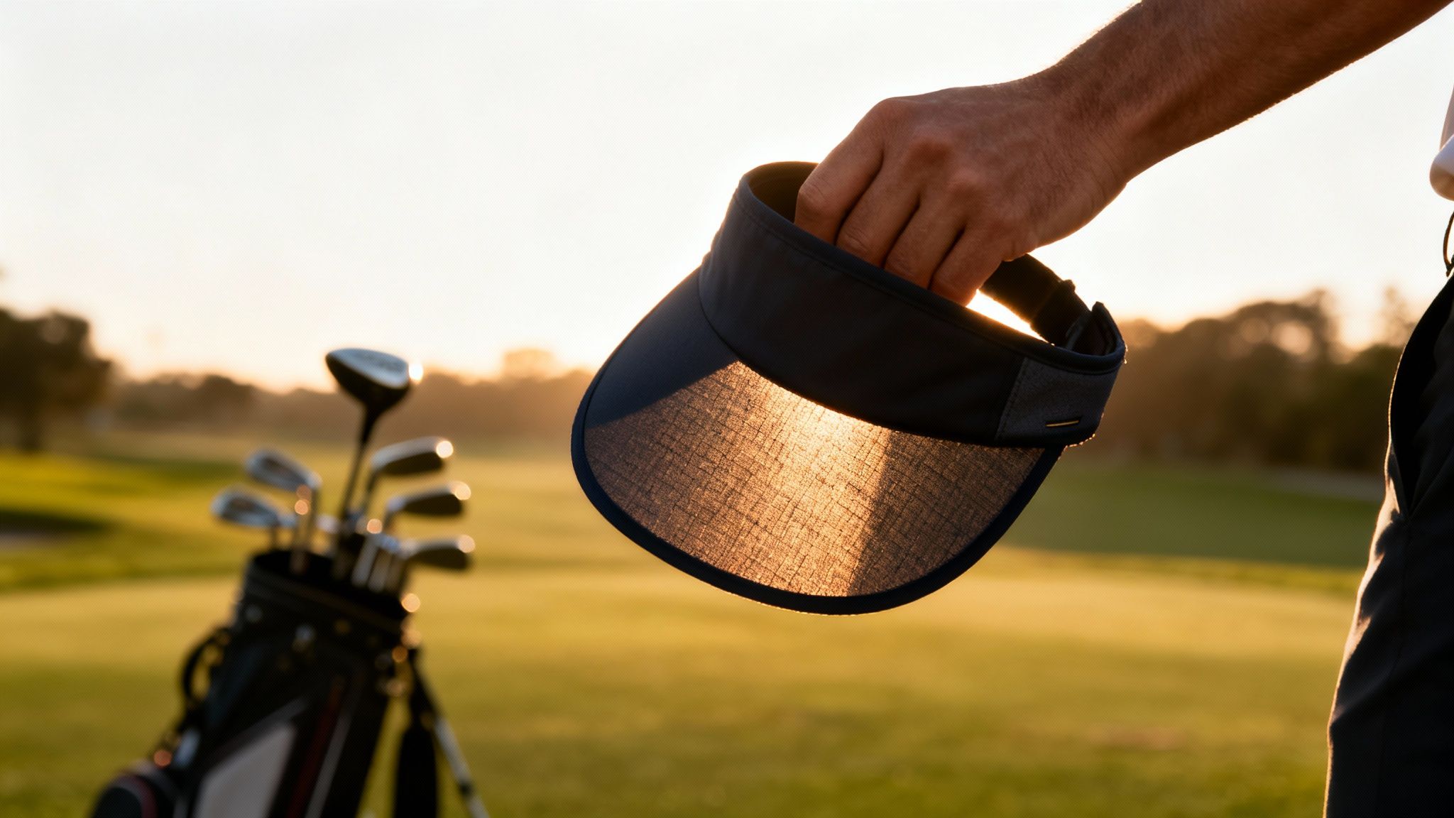 A golfer holds a dark visor against a bright sunset on a golf course with clubs.