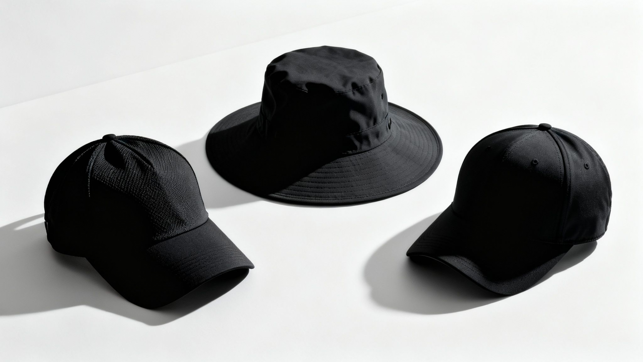 Three black golf hats displayed on white surface: mesh trucker cap, wide brim bucket hat, and baseball cap