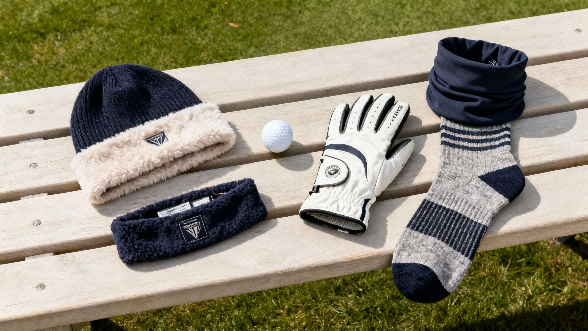 Winter golf accessories on a wooden bench, including a beanie, glove, ball, headband, sock, and neck warmer.