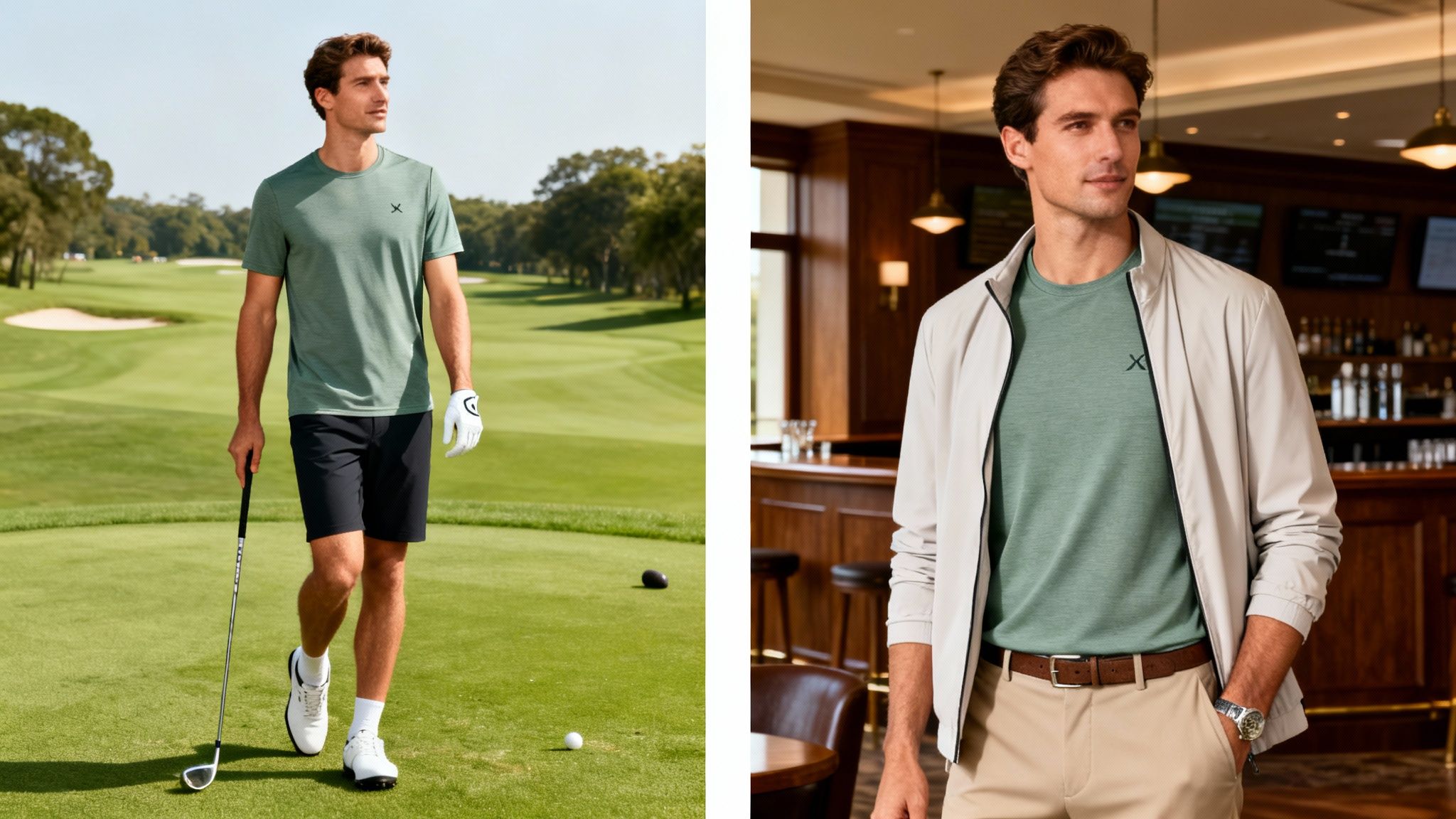 A man models a green t-shirt on a golf course and in a clubhouse, showcasing versatile style.