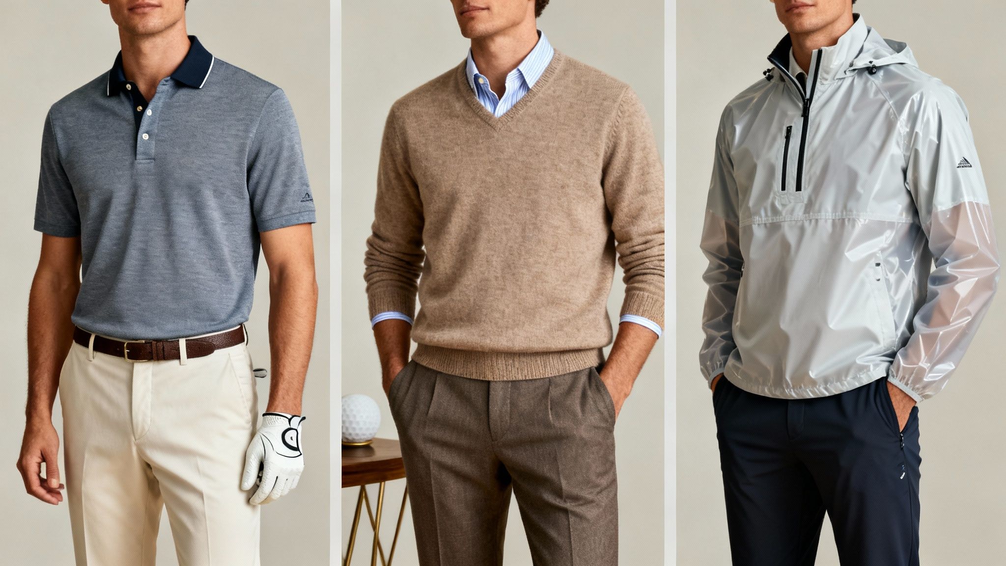 Three men displaying various modern golf outfits, from active wear to smart casual styles.