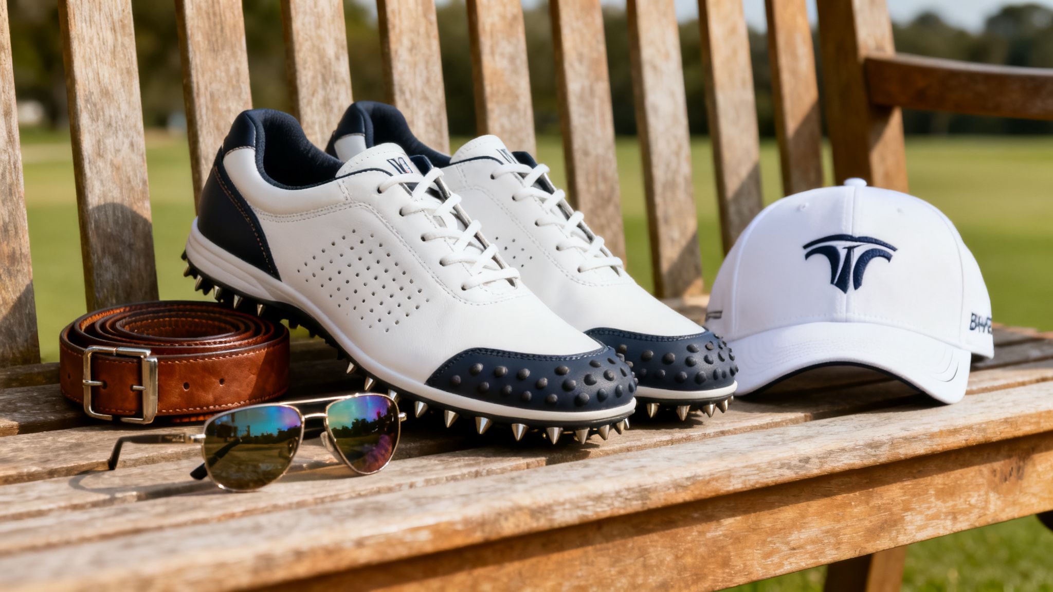 Stylish white and navy golf shoes, brown belt, sunglasses, and cap on a wooden bench.