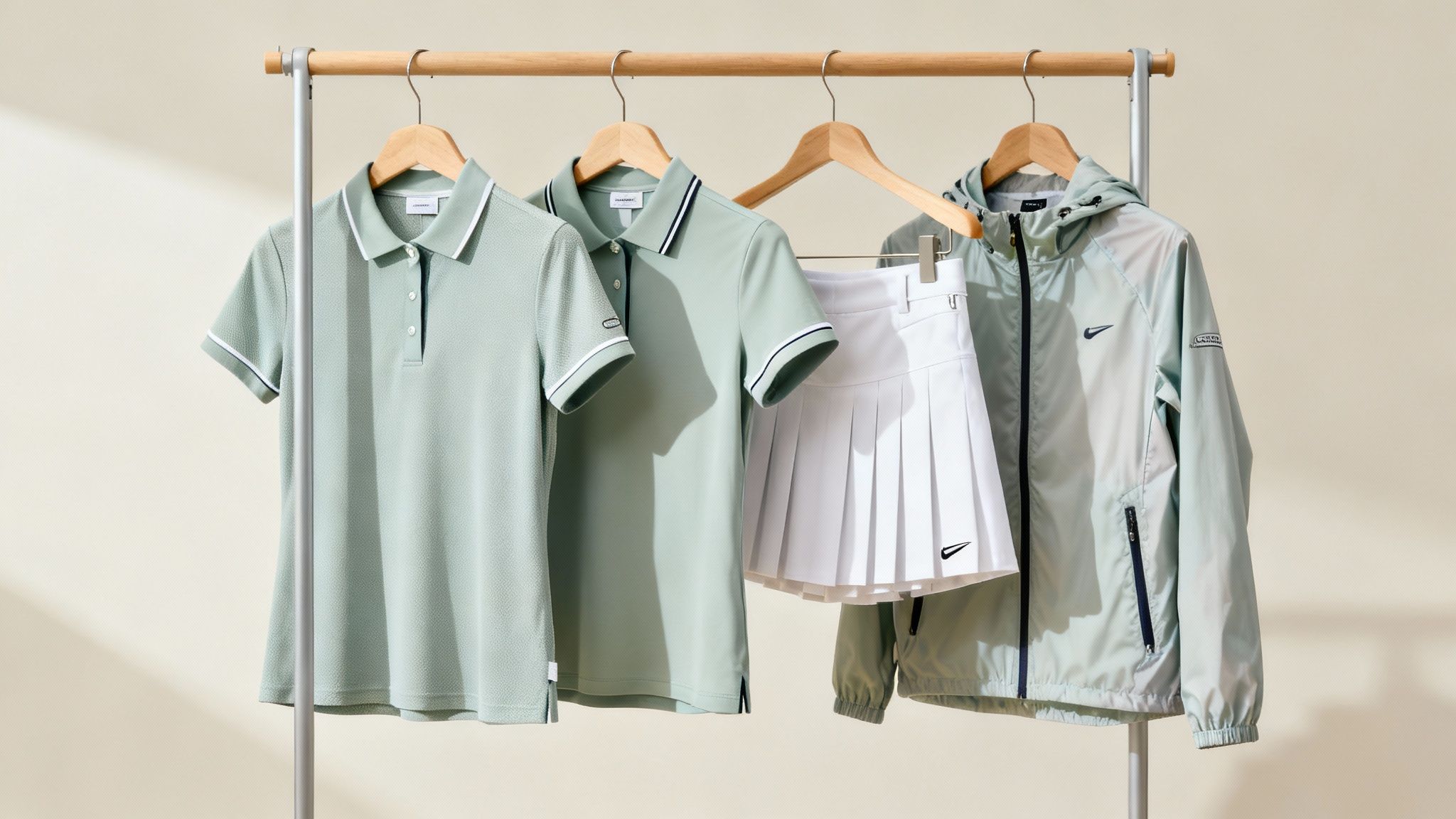 A woman in a stylish polo and skort stands confidently on a golf course, ready to play.