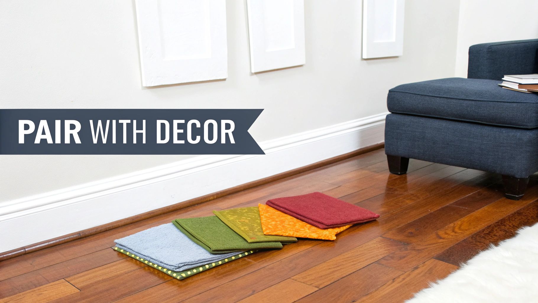 Colorful fabric samples on a polished cherry wood floor next to a navy armchair, suitable for decor.