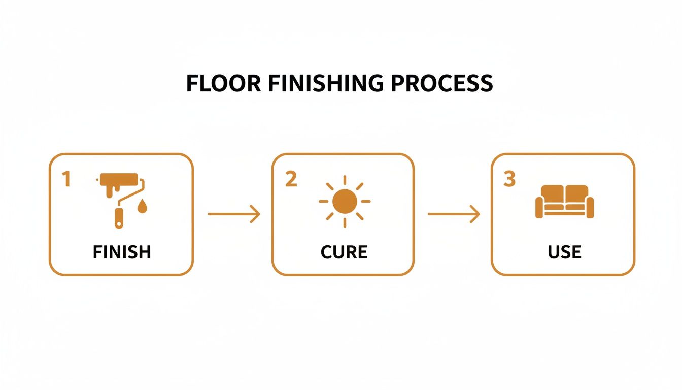 A diagram illustrates the three-step floor finishing process, showing icons for finish, cure, and use.