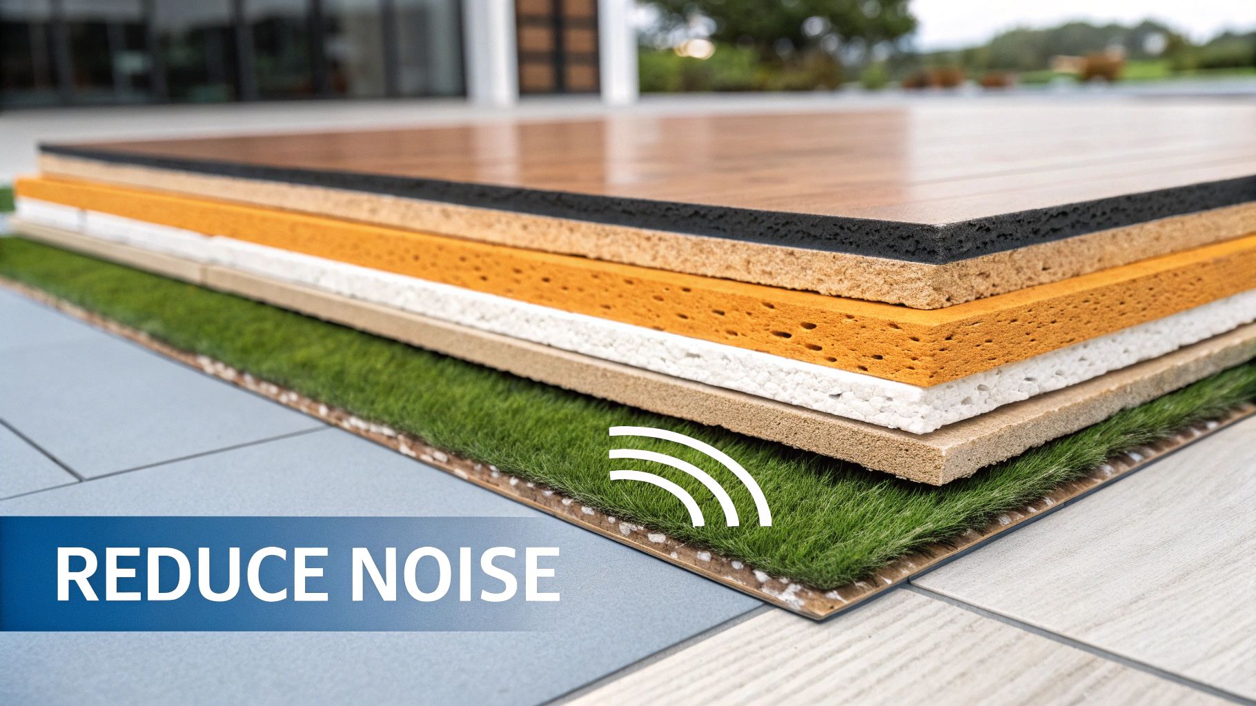 Cross-section of multi-layered flooring, including underlayment, demonstrating noise reduction for hardwood floors.