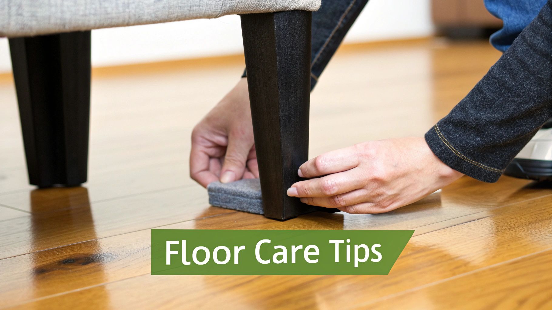 Hands apply a protective felt pad to a dark furniture leg on a shiny hardwood floor.