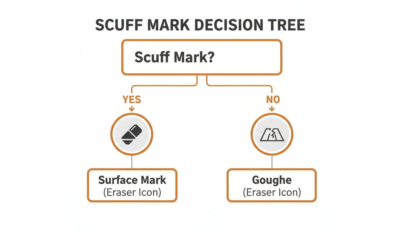 A scuff mark decision tree flowchart showing two outcomes: surface mark (eraser icon) and goughe (broken surface icon).