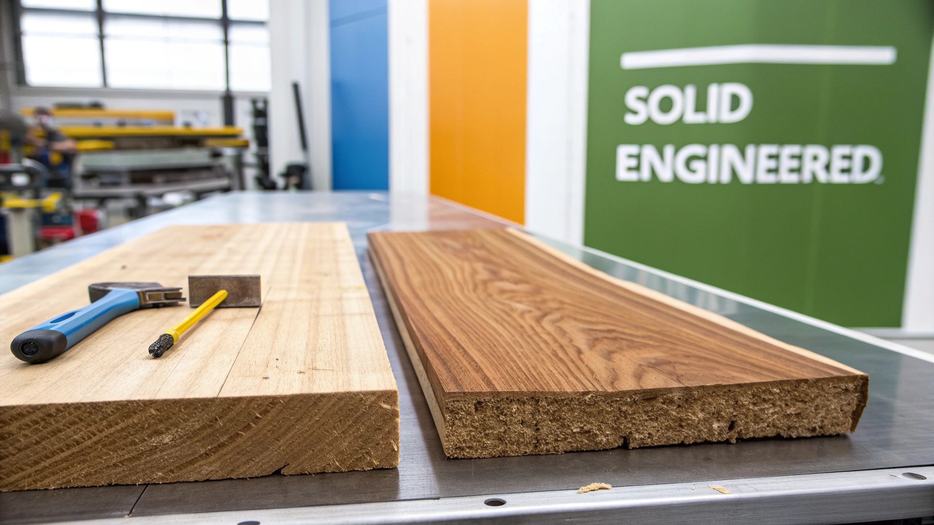 Two types of wood, solid and engineered, displayed on a table with tools in a workshop.