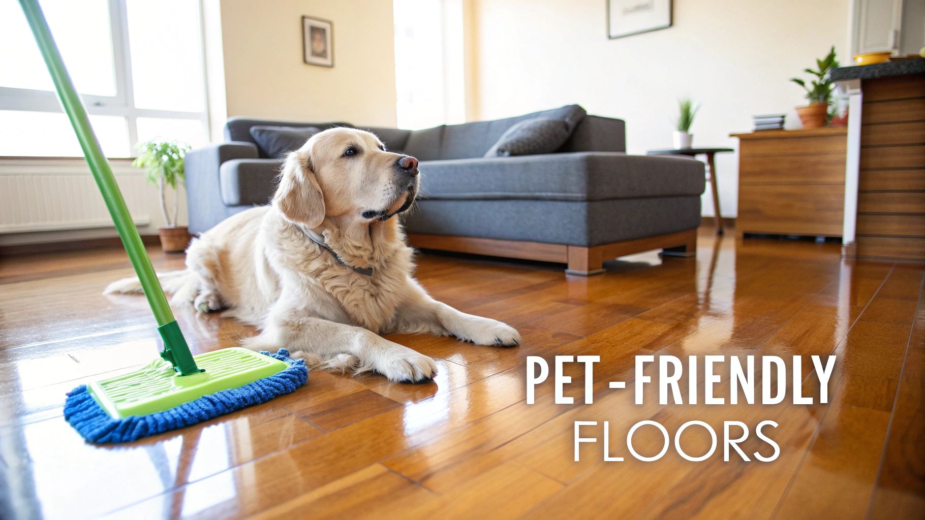 A golden retriever dog rests on shiny wooden floors next to a mop, highlighting pet-friendly care.